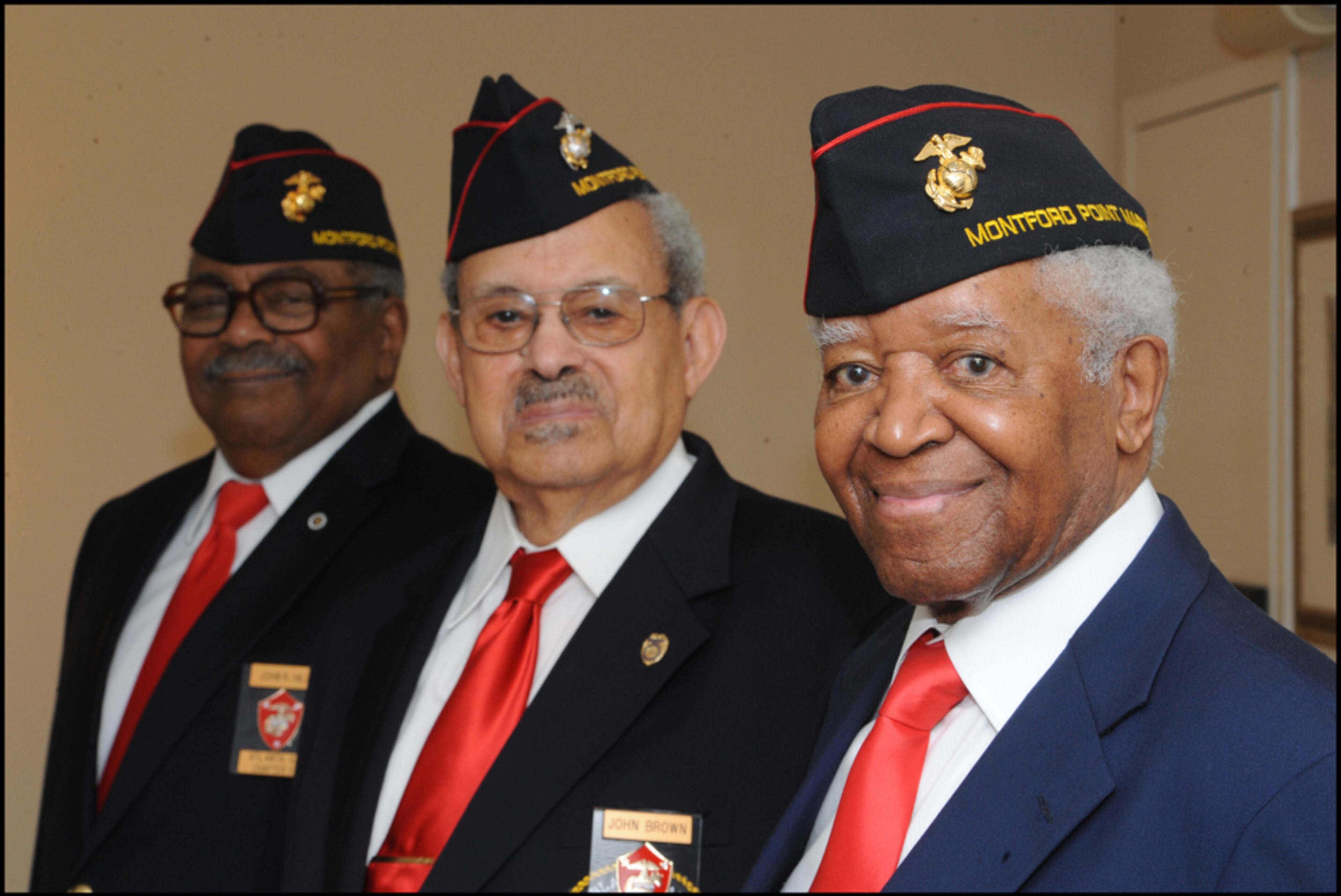 May 9, 2012 - Atlanta: I found out about the Montford Point Marines while I was looking for a feature photo at Wallace Park in Mableton. I told staff writer Gracie Bond Staples about them and she wrote a great story on them for the Living Section. (left to right) John R Hill, John Brown and Theodore Britton Jr. are three of seven original Montford Point Marines, African-Americans who integrated the corps in 1942 and who live here in Atlanta. They were recognized recently for that legacy with the Congressional Gold Medal,JOHNNY CRAWFORD / JCRAWFORD@AJC.COM