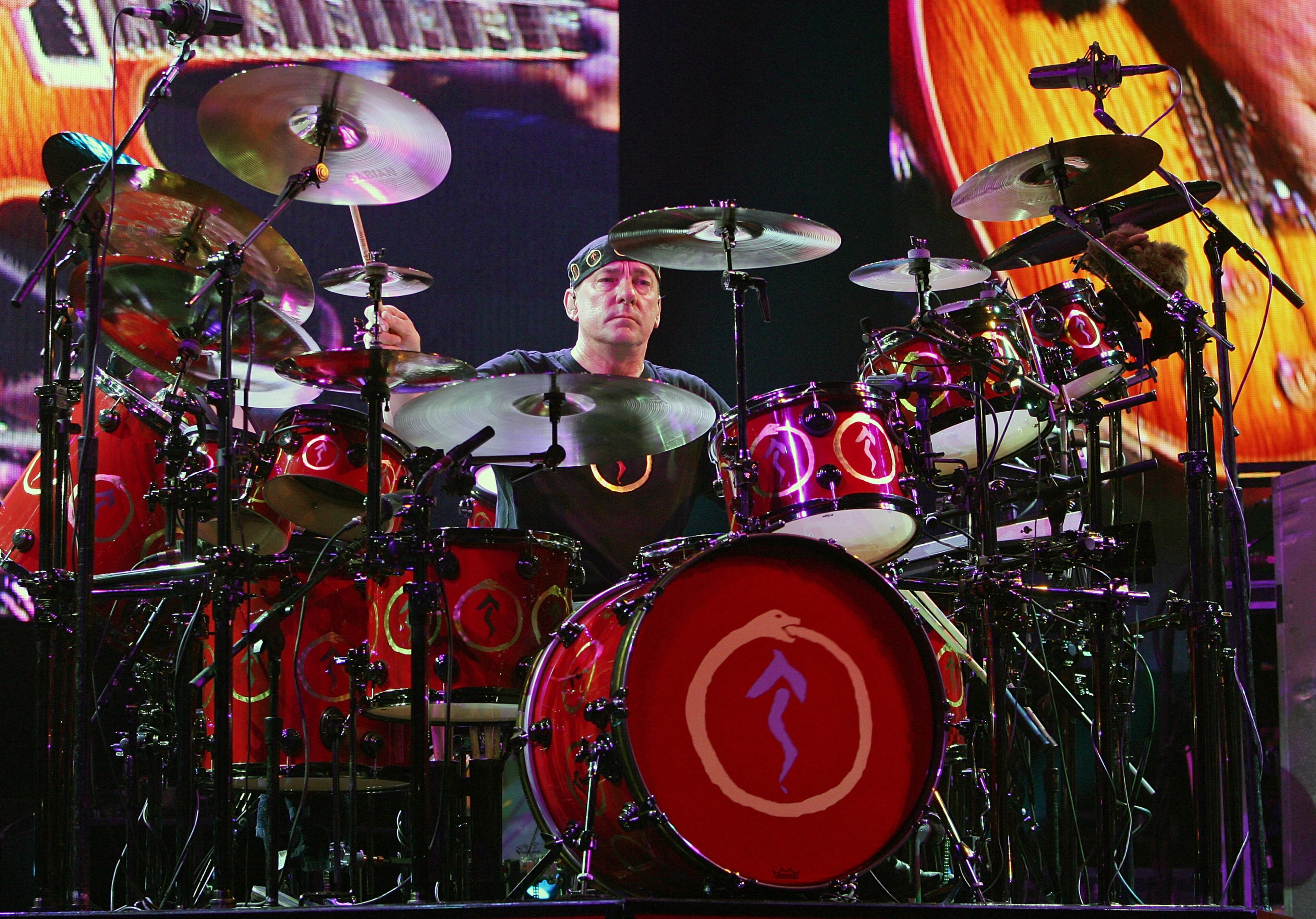 Rush drummer Neil Peart performs at the Mandalay Bay Events Center on May 10, 2008 in Las Vegas, Nevada. The rock trio are touring in support of the album, 'Snakes & Arrows.' (Photo by Ethan Miller/Getty Images)