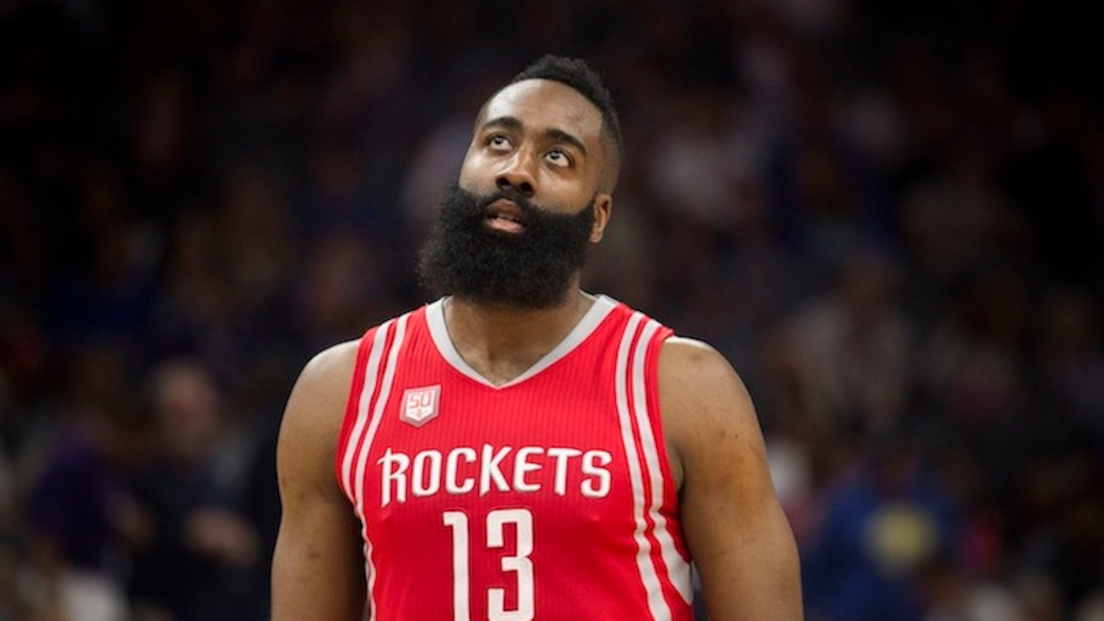 Houston Rockets guard James Harden looks at the scoreboard during action against the Sacramento Kings on April 9, 2017, at Golden 1 Center in Sacramento, Calif. (Hector Amezcua/Sacramento Bee/TNS)