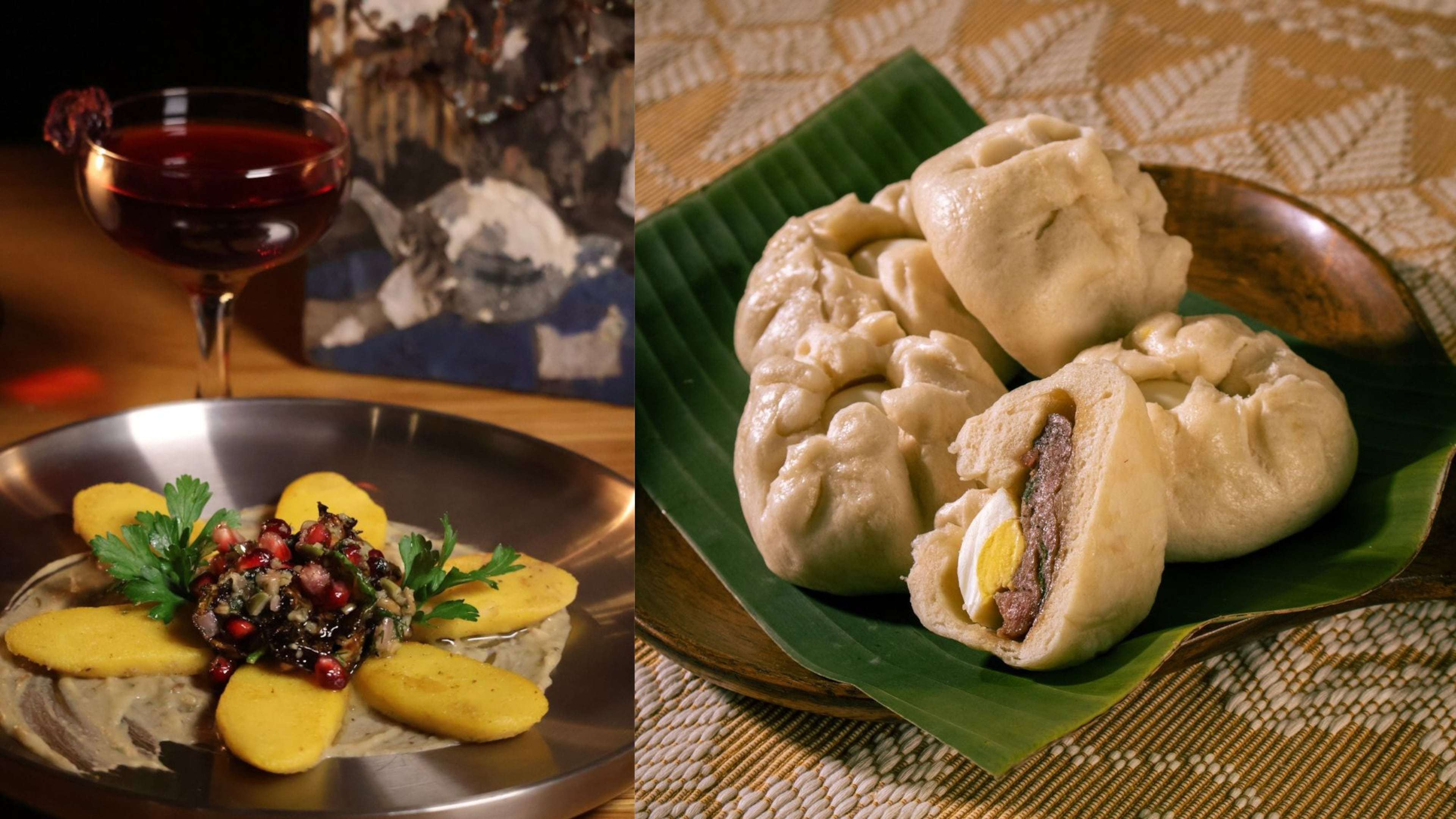 Available this week: (left) pumpkin kopytka dumplings from Beksa Lala and a blood moon Manhattan from Rachel Howk (Courtesy of Haley Herebia), and (right) Manalo's Bakery siopao steamed bun (Courtesy of Matthew Macasieb).