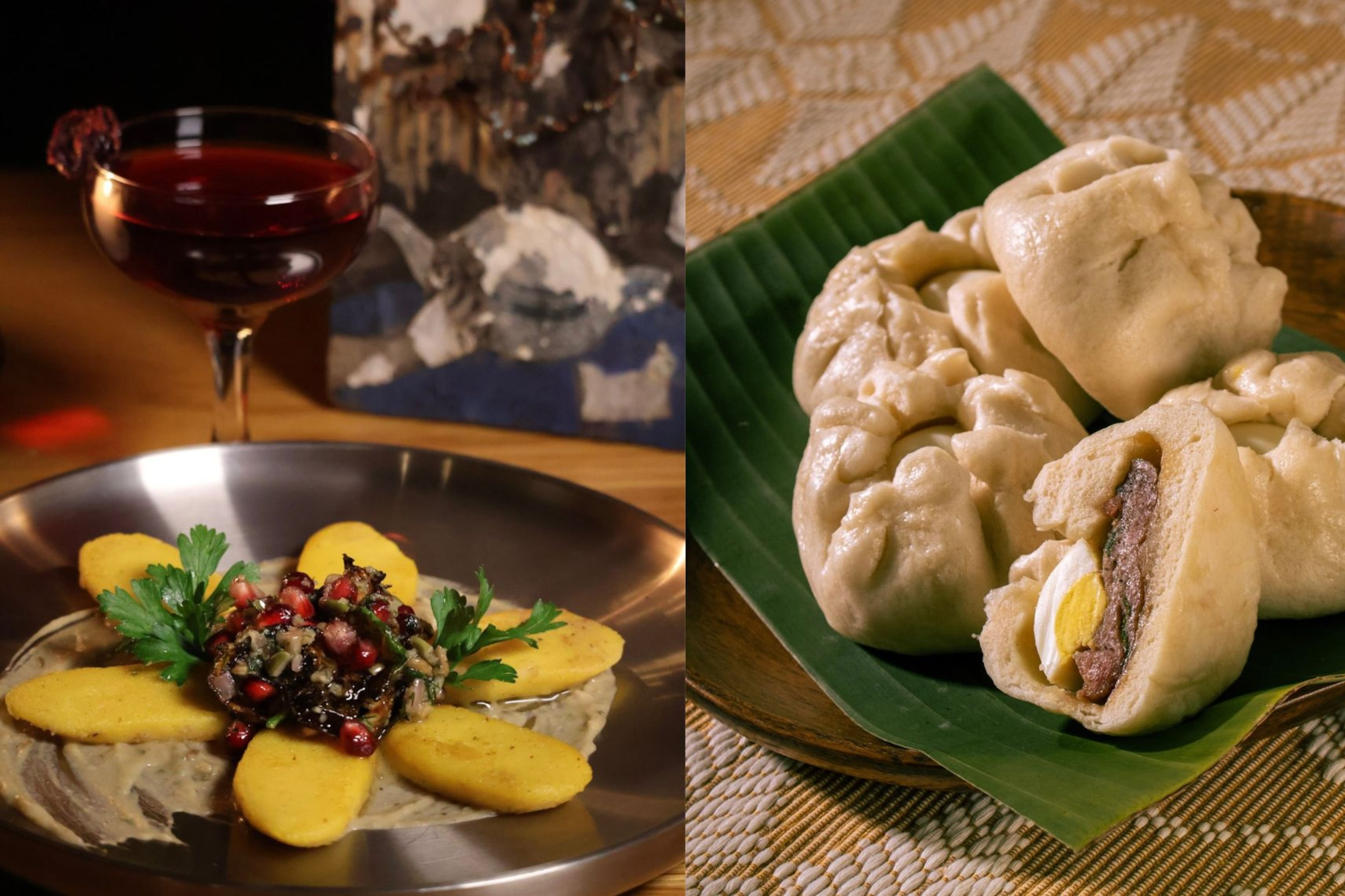Available this week: (left) pumpkin kopytka dumplings from Beksa Lala and a blood moon Manhattan from Rachel Howk (Courtesy of Haley Herebia), and (right) Manalo's Bakery siopao steamed bun (Courtesy of Matthew Macasieb).