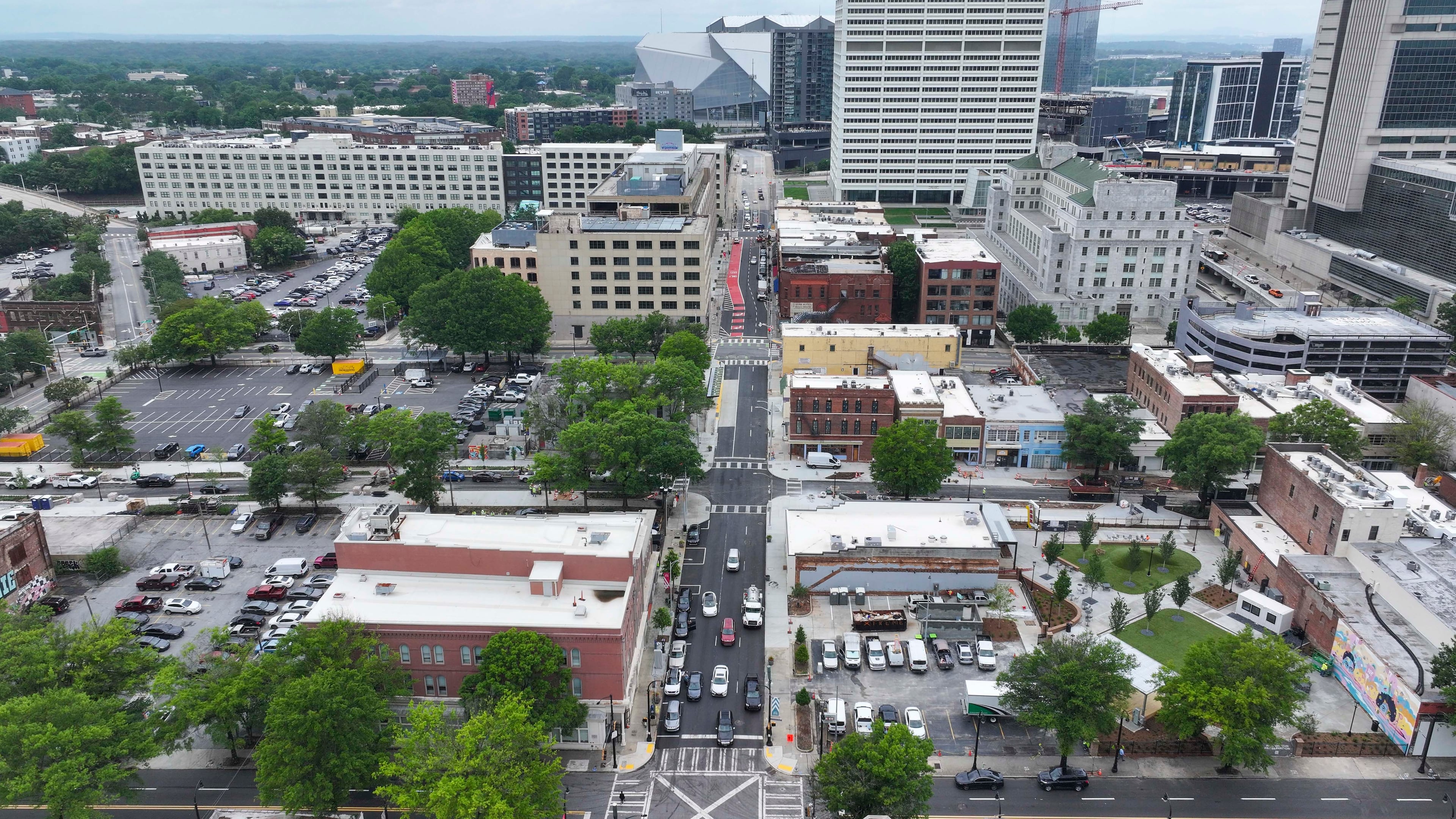 An aerial image shows South Downtown, an area where numerous local businesses are being revitalized across 16 acres and more than 50 buildings. This project represents the largest collection of historic real estate assets in Atlanta, making it one of the most ambitious downtown initiatives. (Miguel Martinez/AJC)
