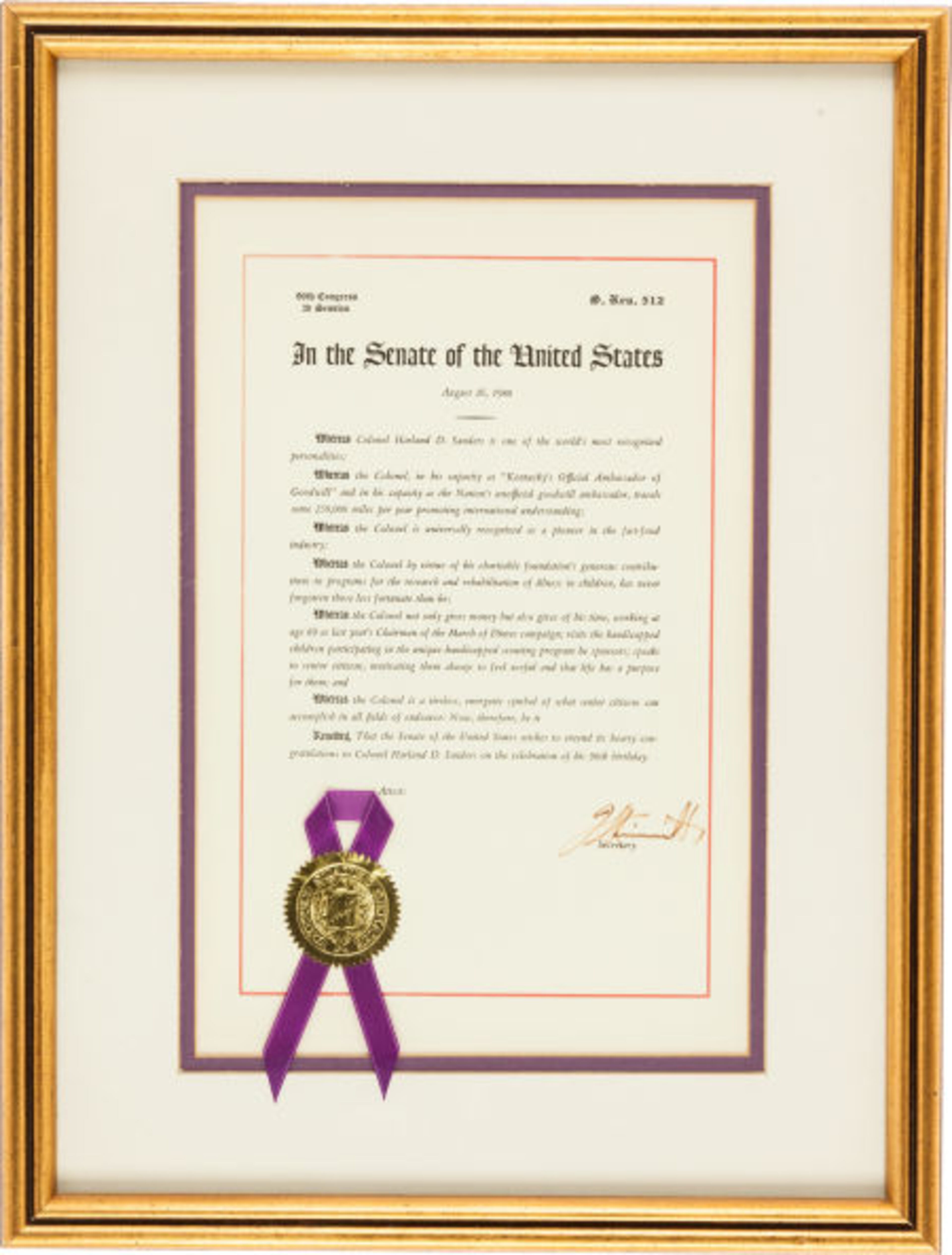 Senate proclamation on Colonel Sanders 90th birthday