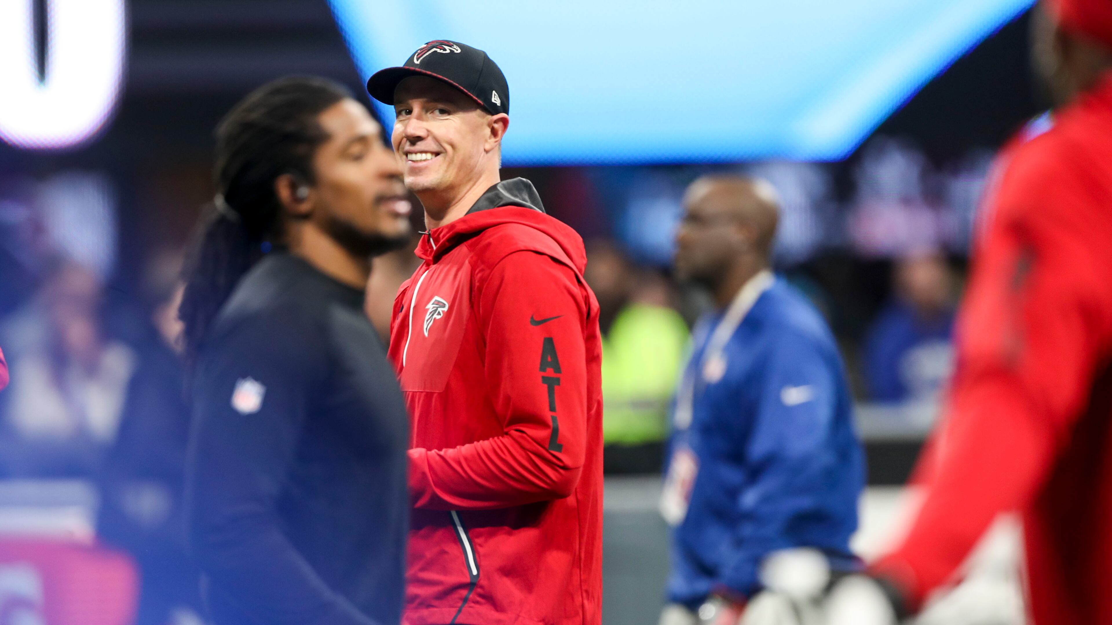 12/31/2017 -- Atlanta, GA, -- Atlanta Falcons quarterback Matt Ryan (2) smiles during practice before the start of the game against the Carolina Panthers at Mercedes Benz Stadium, Sunday, December 31, 2017. ALYSSA POINTER/ALYSSA.POINTER@AJC.COM
