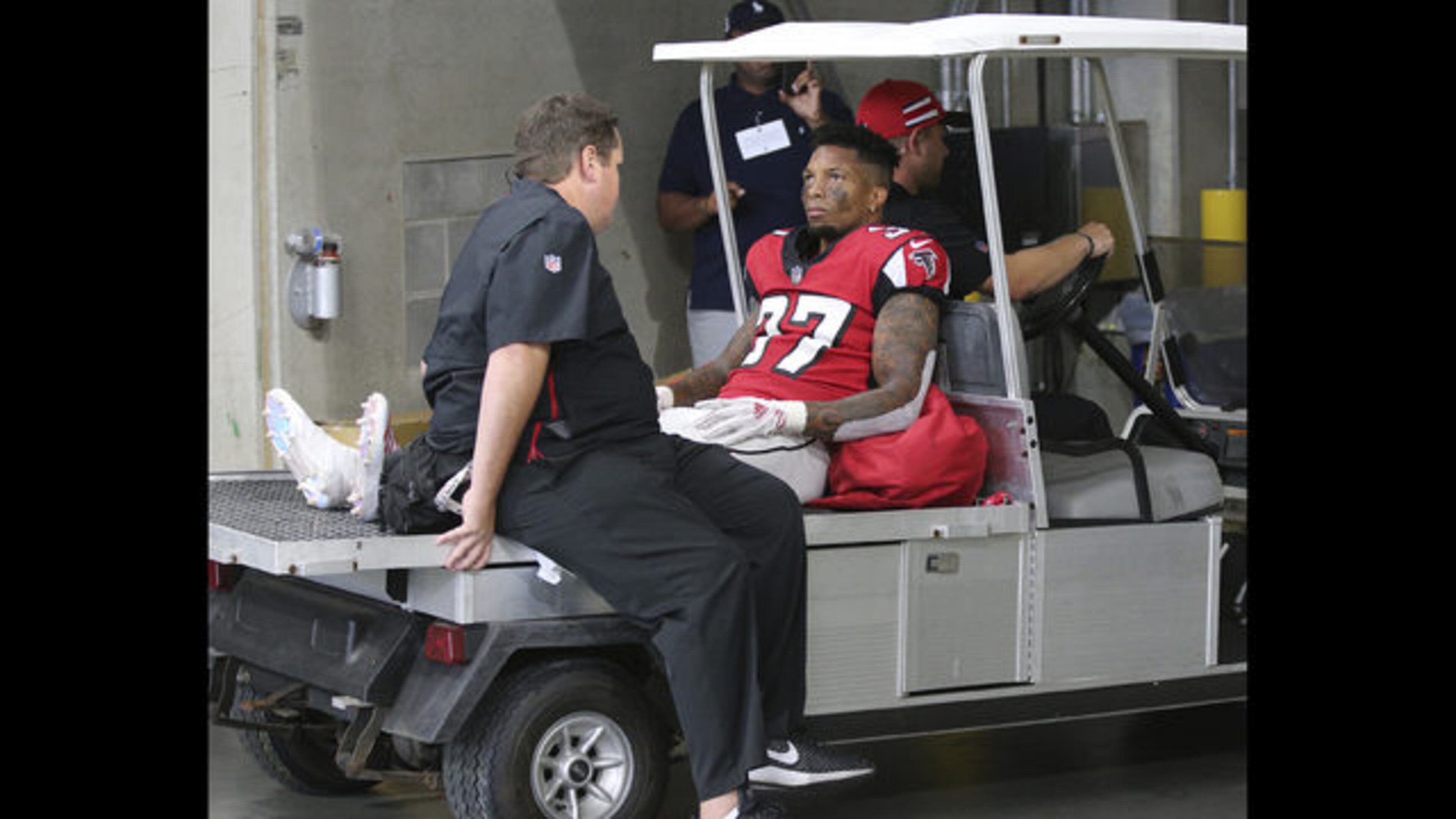 Atlanta Falcons safety Ricardo Allen leaves the game with an injury during the second half against the New Orleans Saints in an NFL football game, Sunday, Sept 23, 2018, in Atlanta. (Curtis Compton/Atlanta Journal-Constitution via AP))