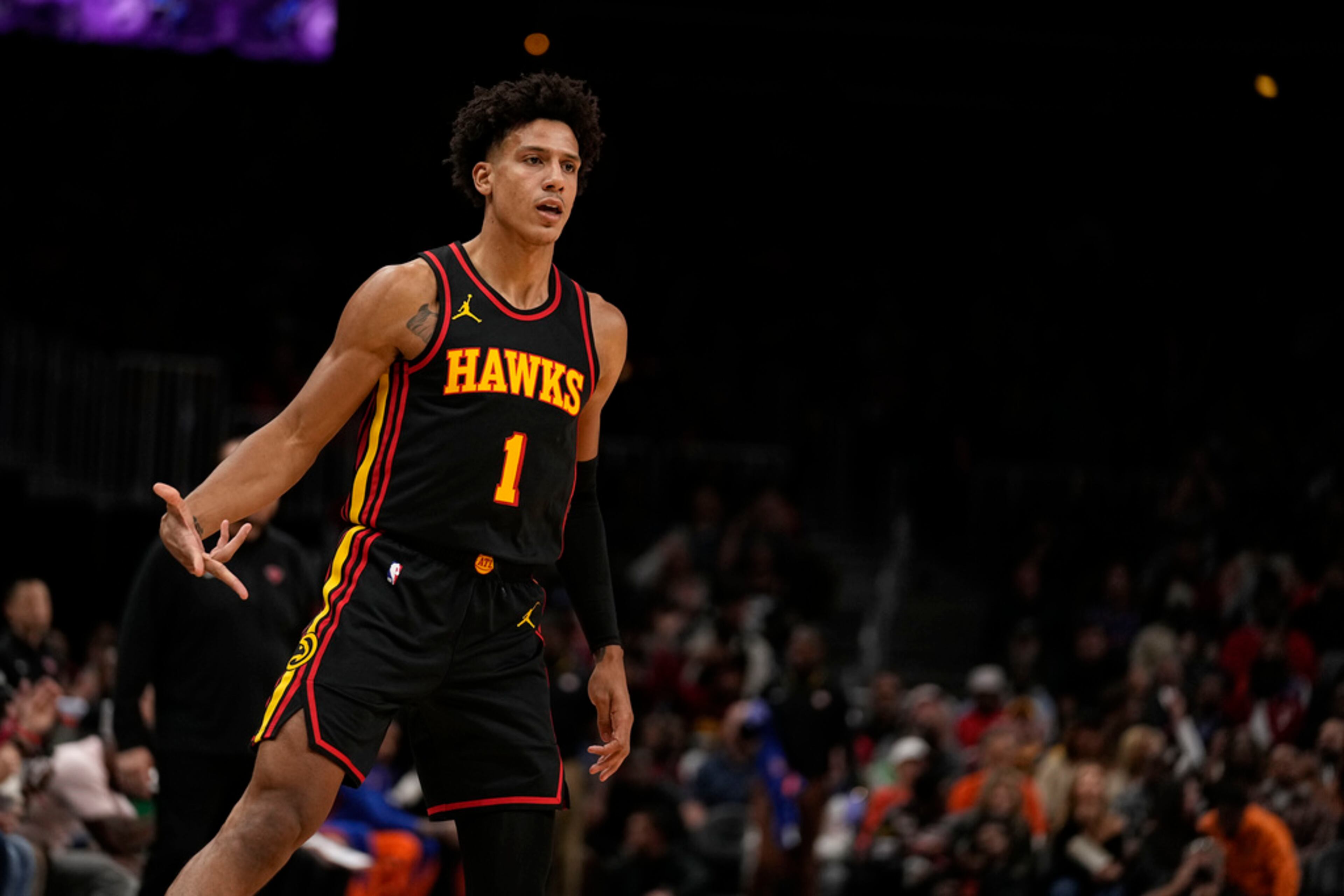 Atlanta Hawks forward Jalen Johnson (1) reacts after he scores in the first half of an NBA basketball game against the New York Knicks, Wednesday, Nov. 15, 2023, in Atlanta. (AP Photo/Brynn Anderson)