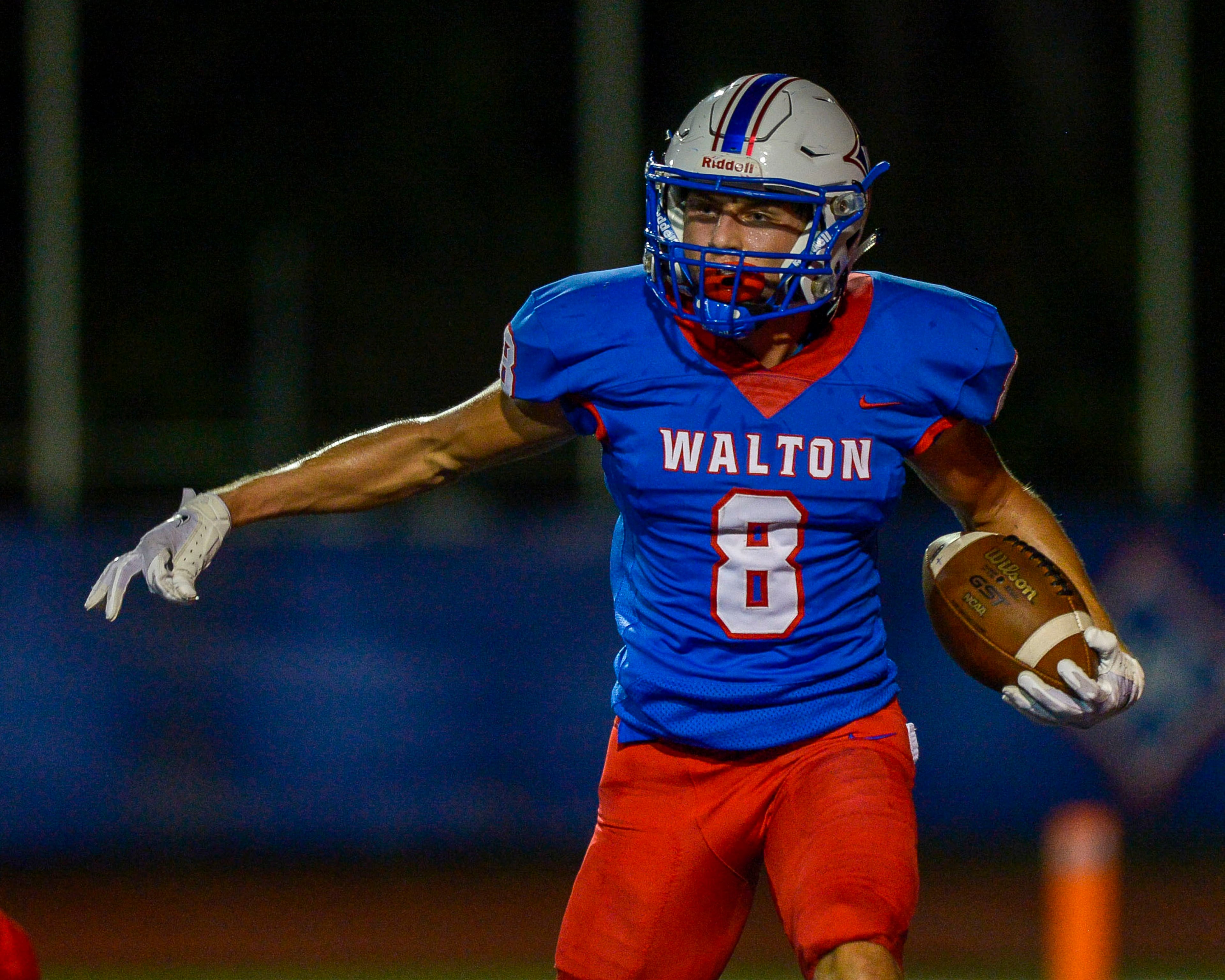 Walton wide receiver Ryan Polinski (8) reacts to scoring a touch down in the first half of his game against Brookwood Friday, September 18, 2020. (Daniel Varnado/Special to the AJC)