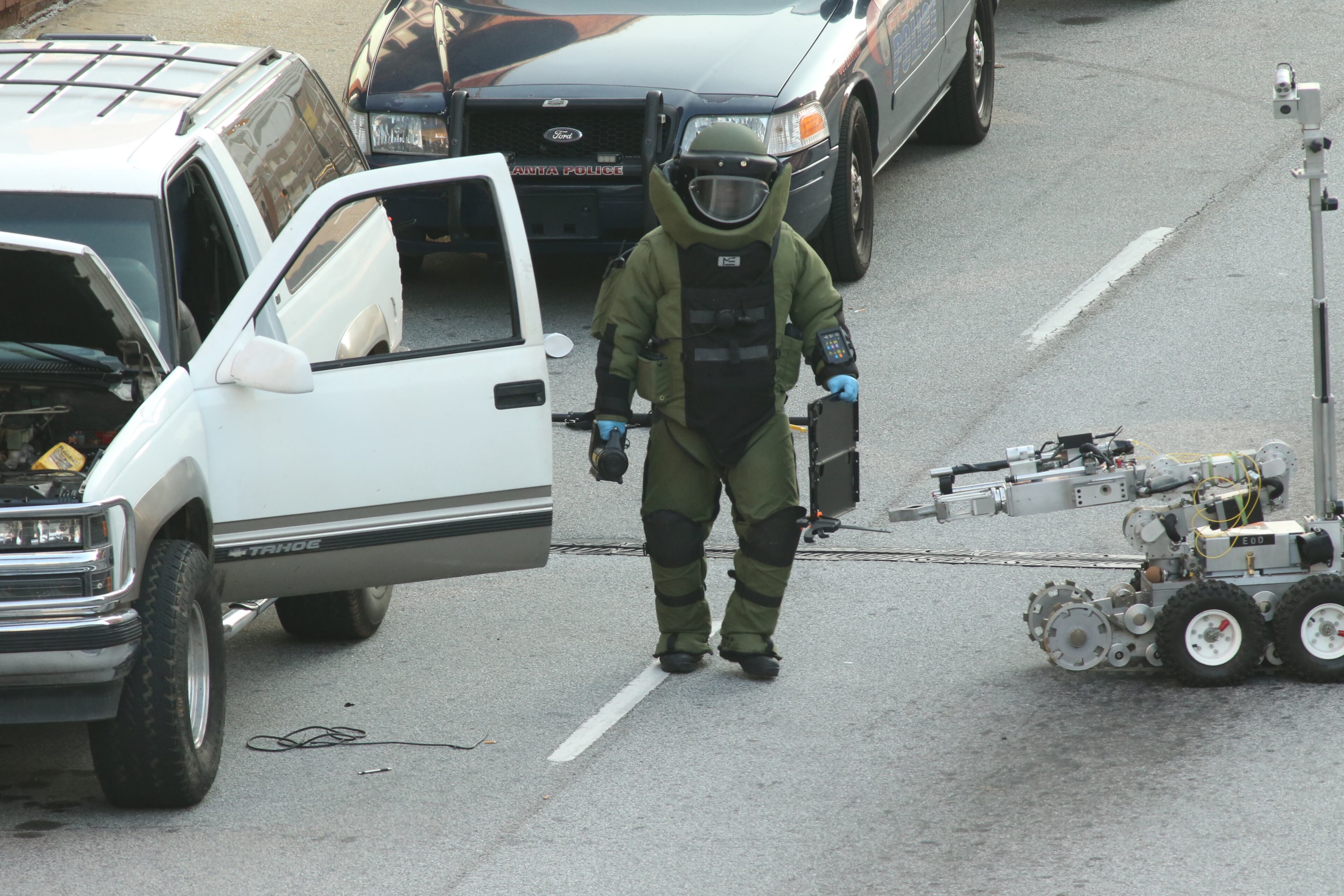 There was heavy police activity in the area of Underground Atlanta at daybreak Tuesday as officers investigated an apparent bomb threat. JOHN SPINK/JSPINK@AJC.COM