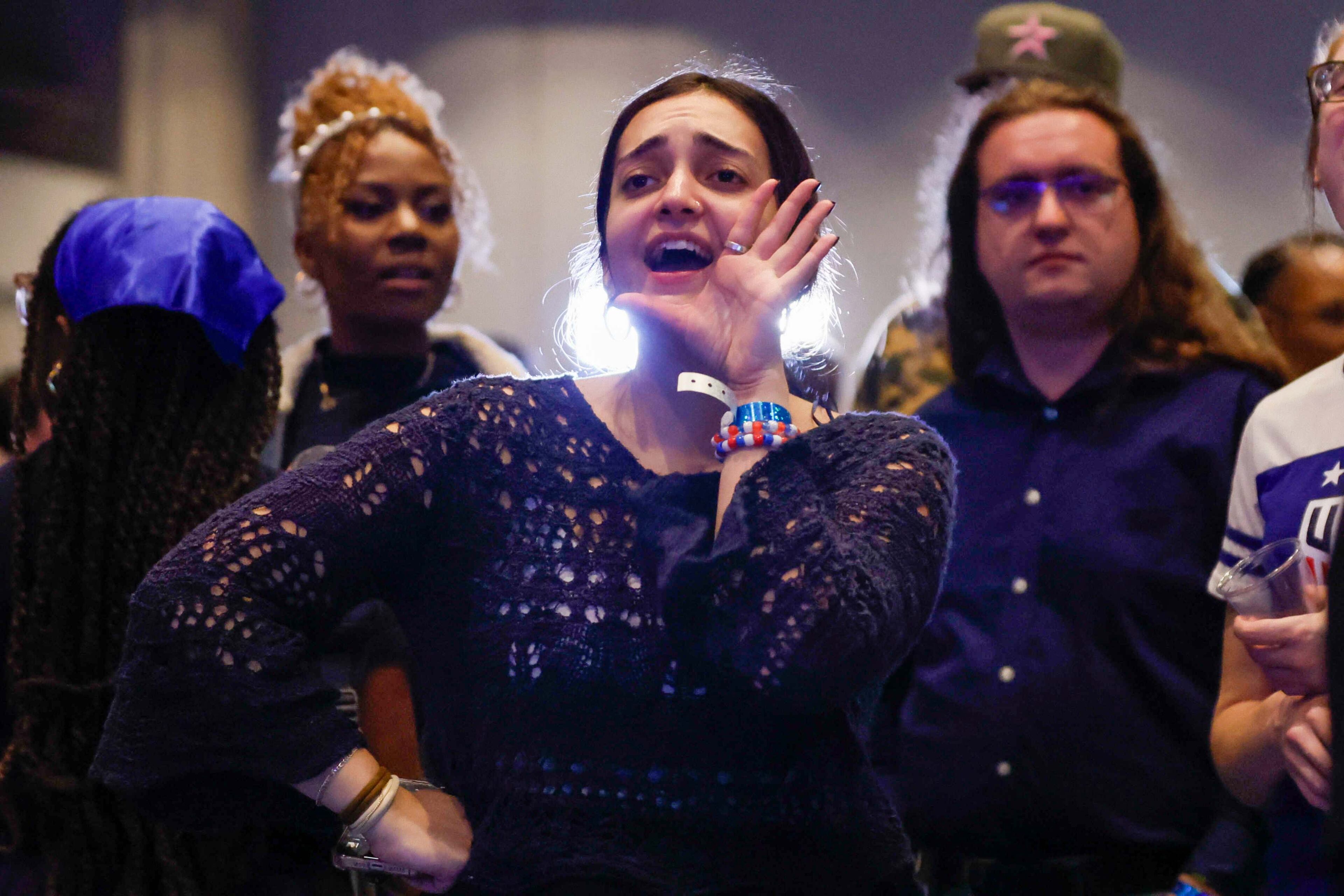 Julia Clark from Atlanta cheers as she listens to Atlanta Mayor Andre Dickens during the Democratic election night watch party at the Hyatt Regency Hotel in downtown Atlanta on Tuesday, November 5, 2024, in Atlanta.
(Miguel Martinez / AJC)