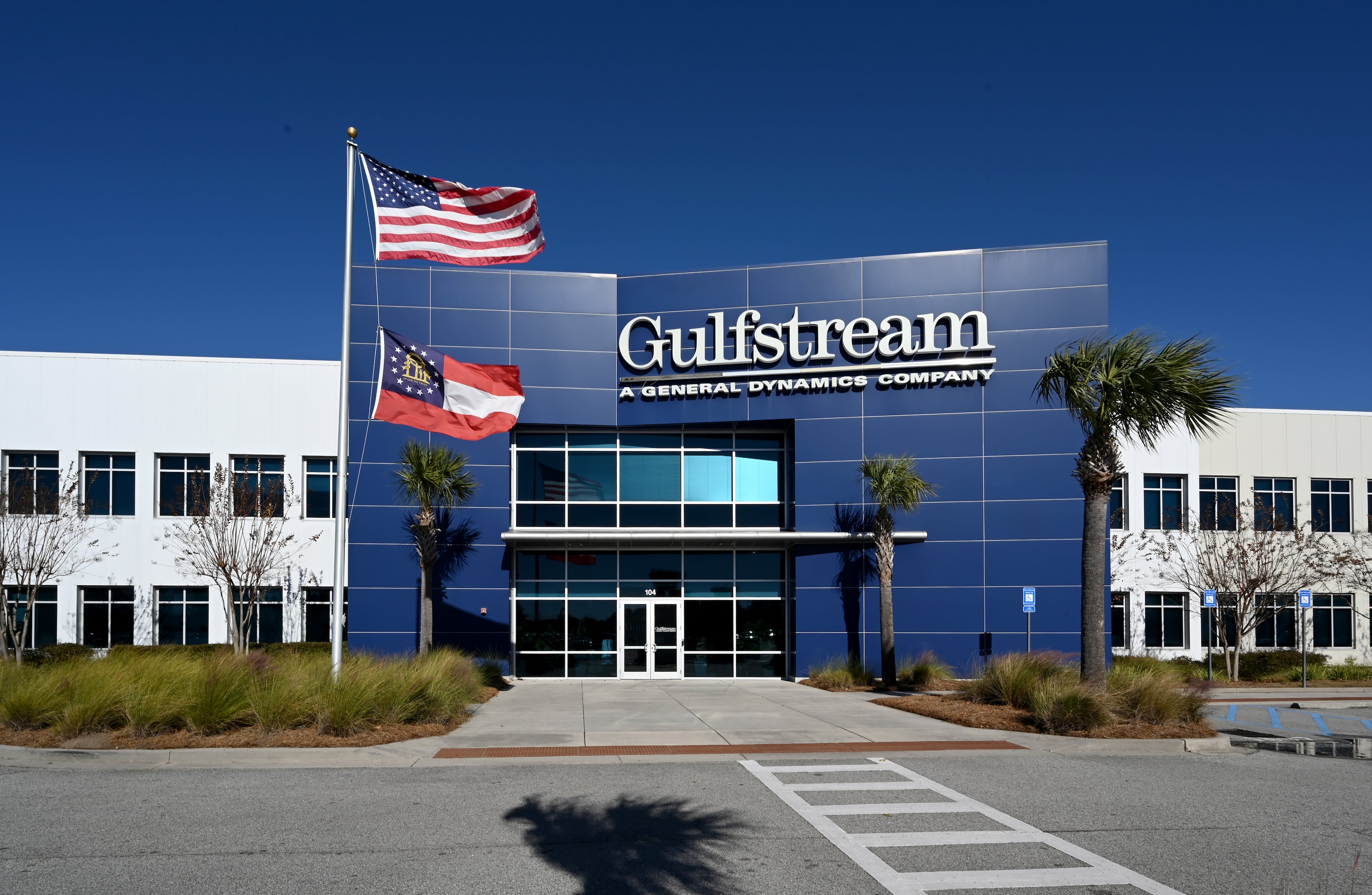 Exterior of Gulfstream’s manufacture facility at Gulfstream Aerospace Corporation, Friday, Dec. 19, 2025 in Savannah. (Hyosub Shin/AJC)