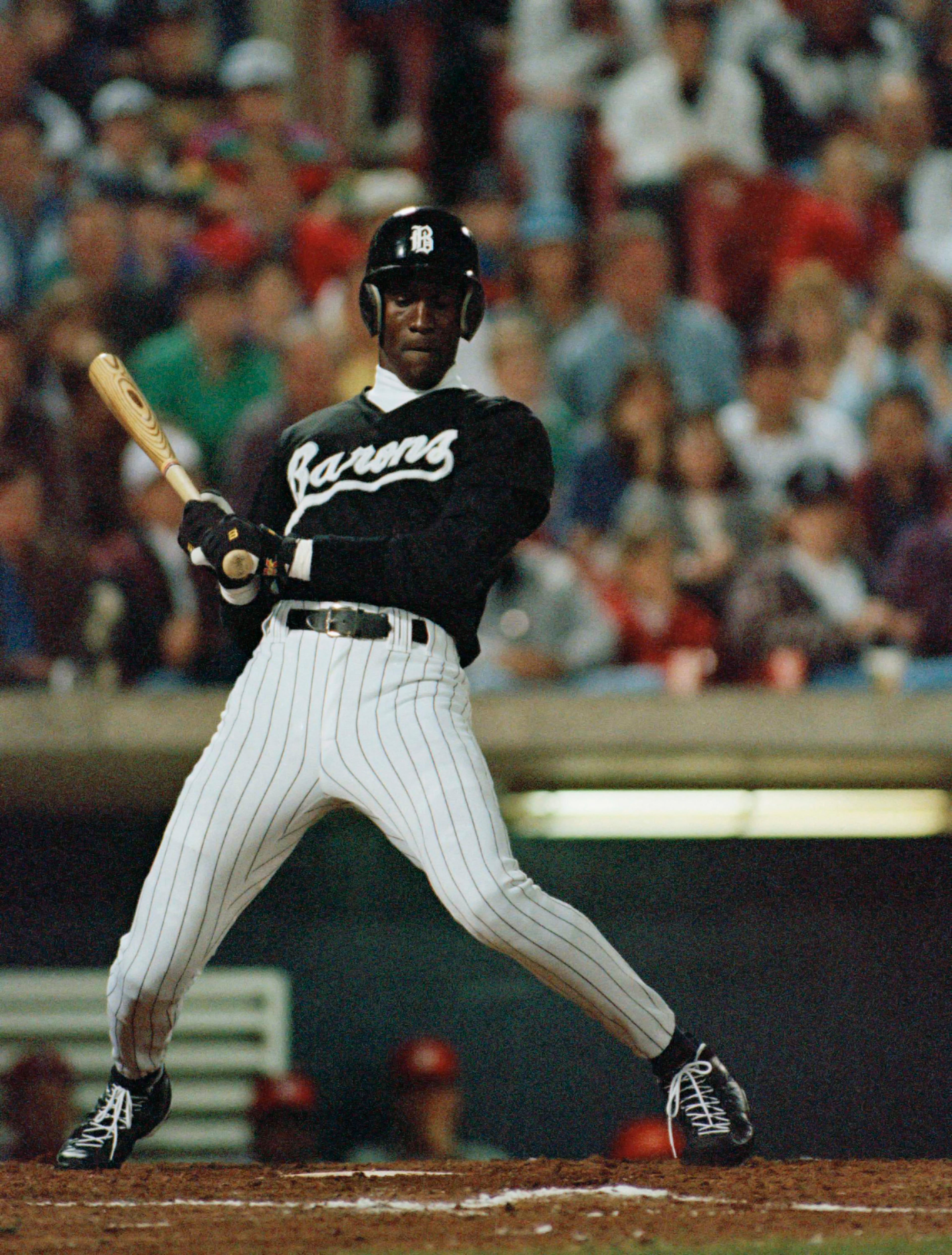 Michael Jordan made his minor league debut with the AA Birmingham Barons on April 8, 1994, against the Chattanooga Lookouts at the Hoover Metropolitan Stadium in Birmingham. Jordan, brushed back by a pitch in the third inning, flied out on his first at-bat.