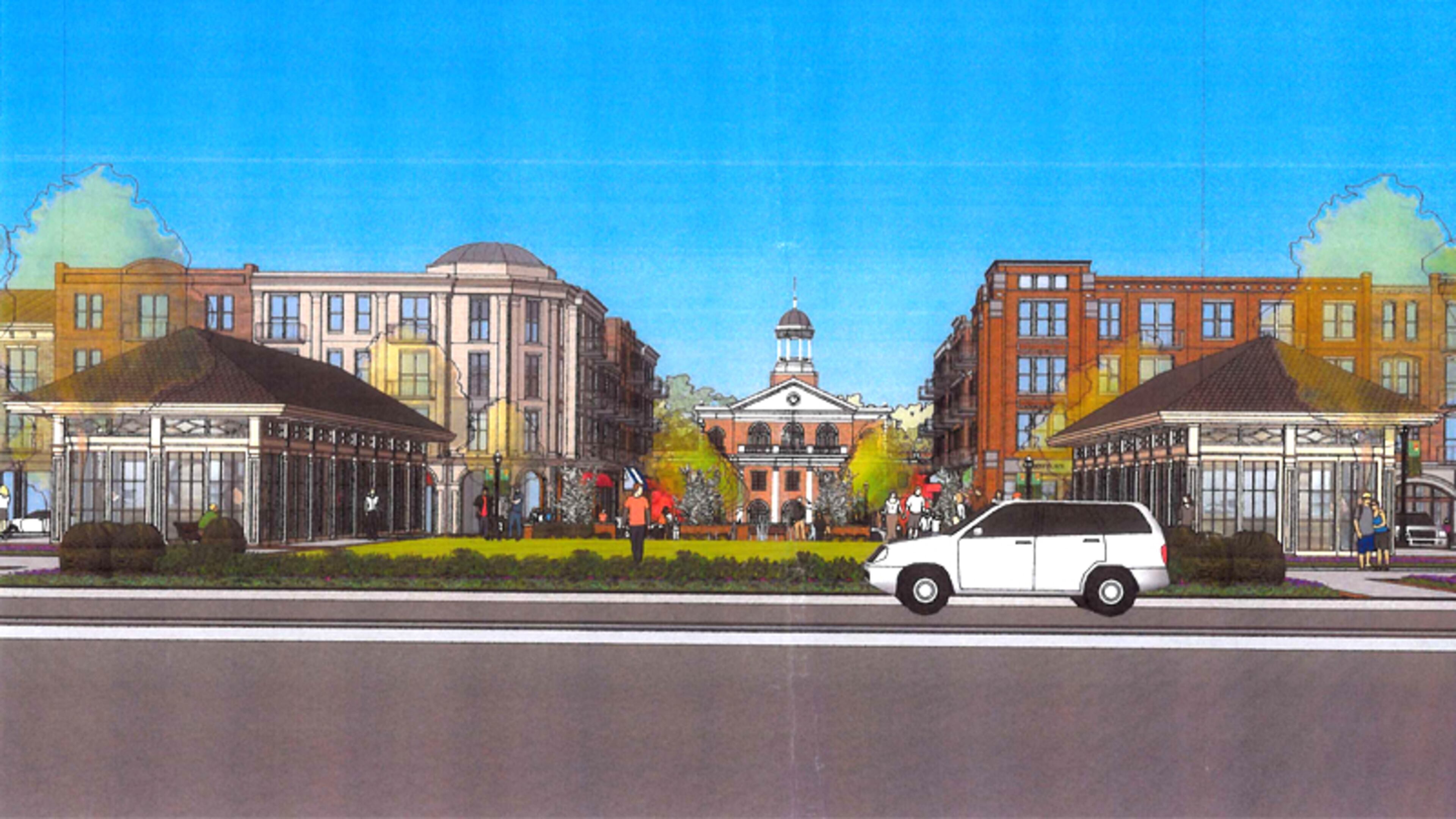 Artist’s rendering depicts two “jewel box” buildings flanking a view of Alpharetta City Hall and the Town Green at City Center, the downtown redevelopment. CITY OF ALPHARETTA