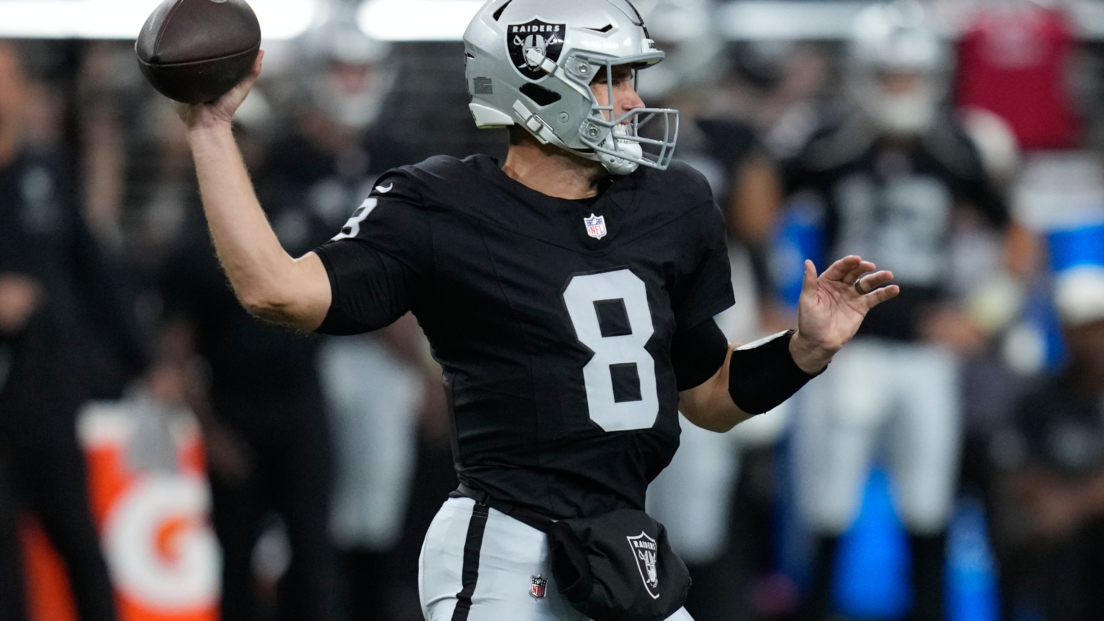 Las Vegas Raiders quarterback Kirk Cousins (8) throws during the first half of an NFL preseason football game against the San Francisco 49ers, Thursday, Aug. 27, 2026}, in Las Vegas. (AP Photo/John Locher)
