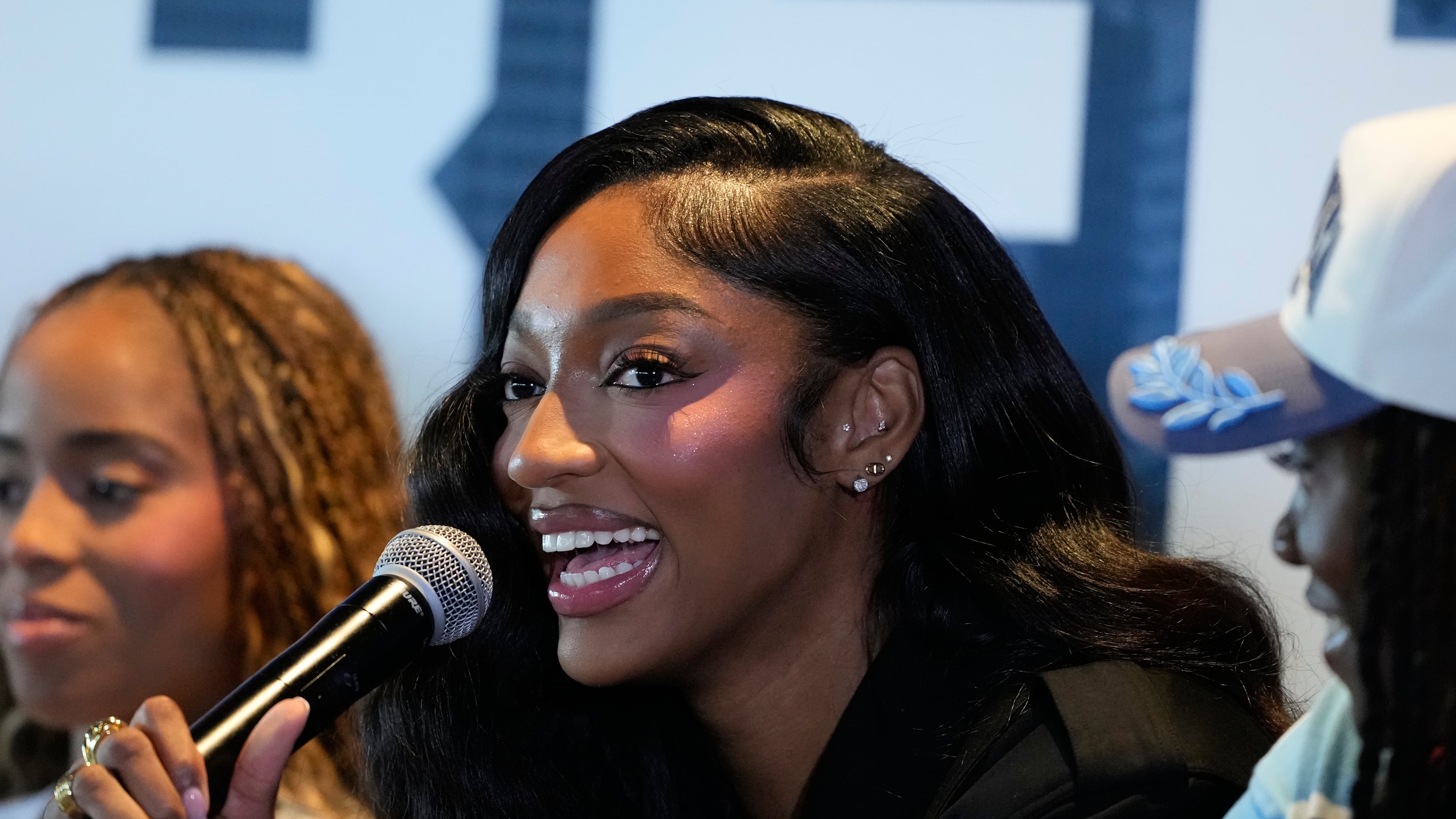 Angel Reese speaks during her introduction during a news conference by the Atlanta Dream on Friday, April 17, 2026, in Atlanta. The Dream acquired Reese for first-round draft picks in 2027 and 2028. (AP Photo/Brynn Anderson)