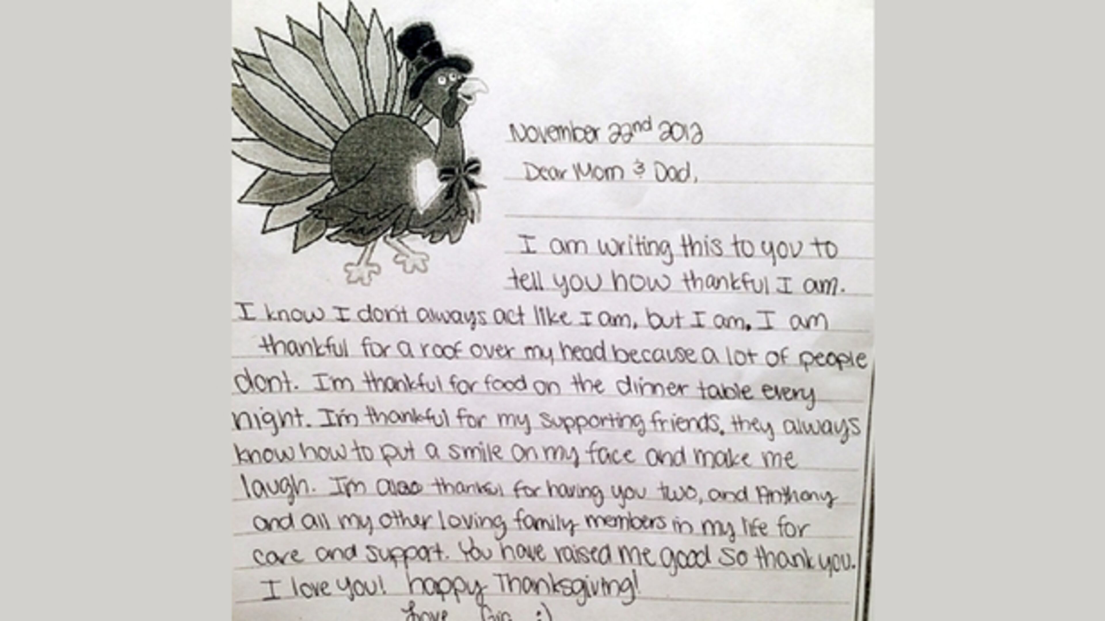 This letter was written by Gia Soriano to her family as a 12-year-old. This October, less than two years later, Gia was killed by a gunman during the Marysville-Pilchuck High School shooting. This photo was shared in a story by The Herald of Everett, a KIRO 7 news partner.