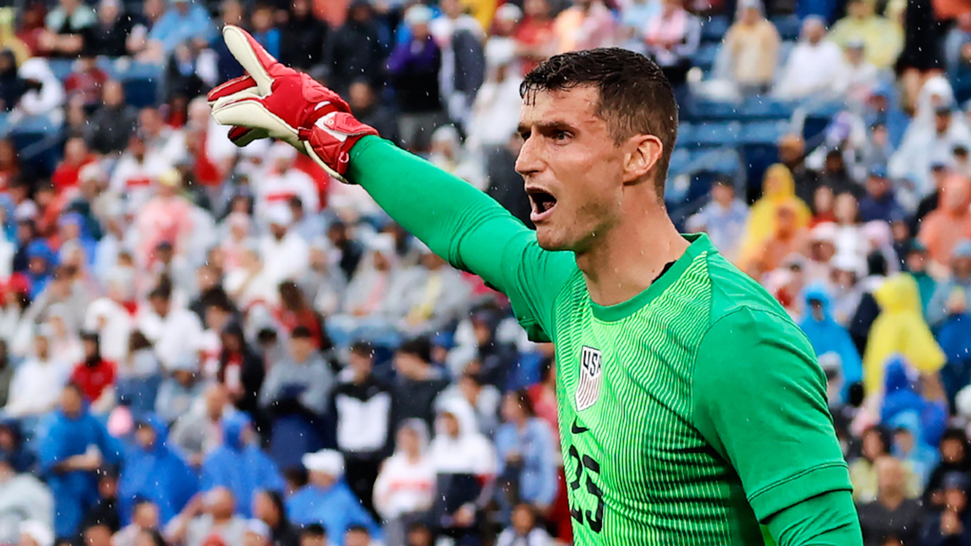 FILE - United States goalie Matt Freese (25) directs his team during the first half of an international friendly soccer game against Turkey, Saturday, June 7, 2025, in East Hartford, Conn. (AP Photo/Mary Schwalm, File)