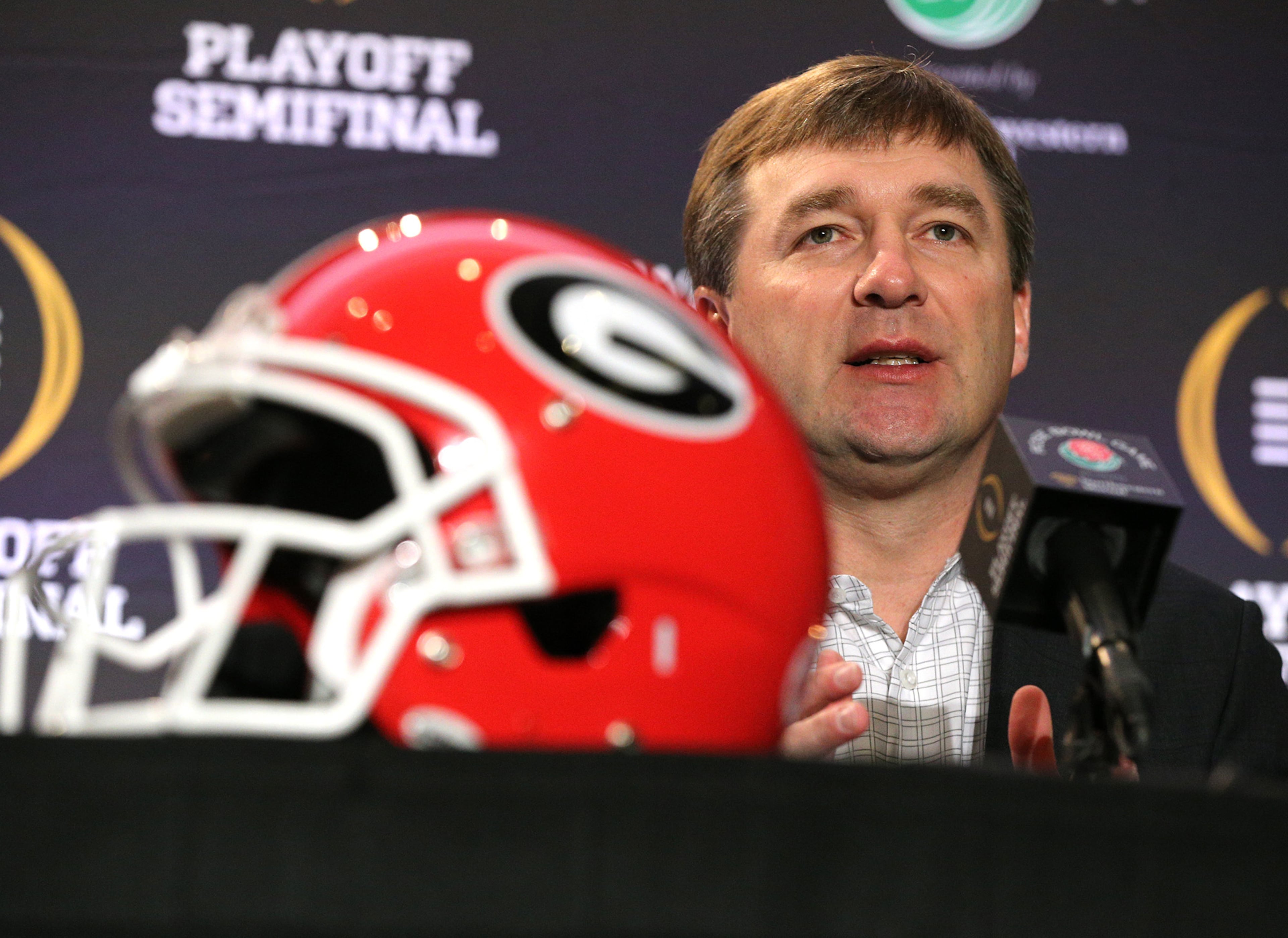 December 31, 2017 Los Angeles: Georgia head coach Kirby Smart takes questions during the head coach press conference for the Rose Bowl on Sunday, December 31, 2017, in Los Angeles. Curtis Compton/ccompton@ajc.com
