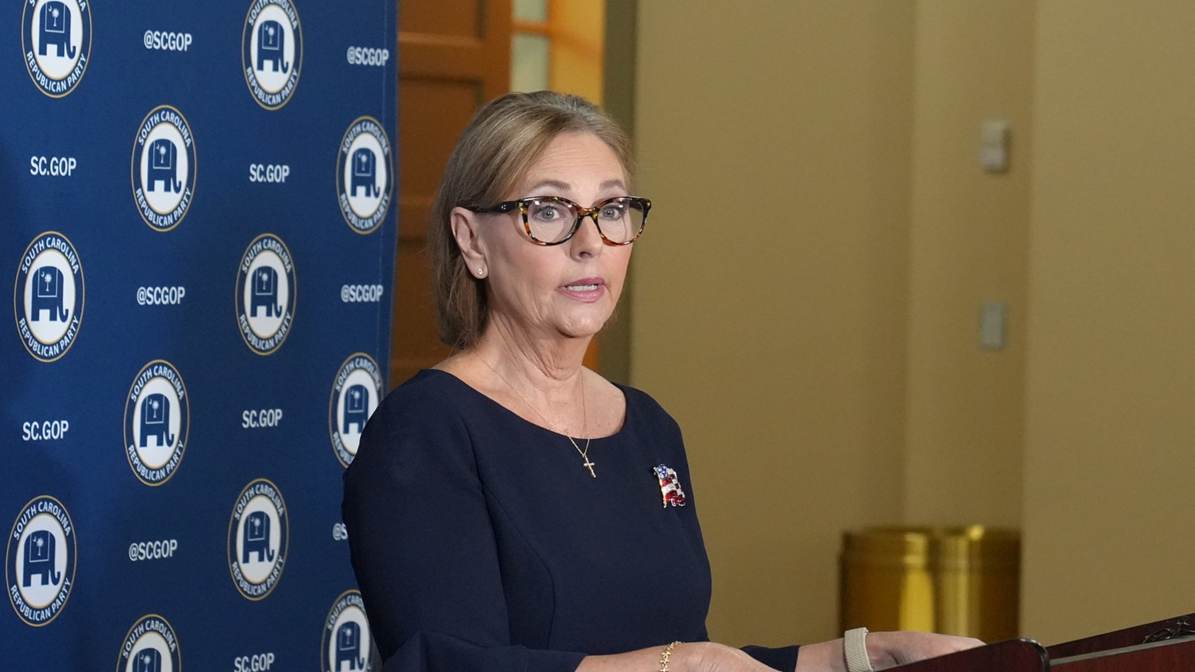 U.S. Sen. Darline Graham, R-S.C., speaks with reporters after a debate with U.S. Rep. Ralph Norman, R-S.C., ahead of the special GOP Senate runoff election to replace the late Sen. Lindsey Graham, R-S.C., on Tuesday, Aug. 18, 2026, in Newberry, S.C. (AP Photo/Meg Kinnard)