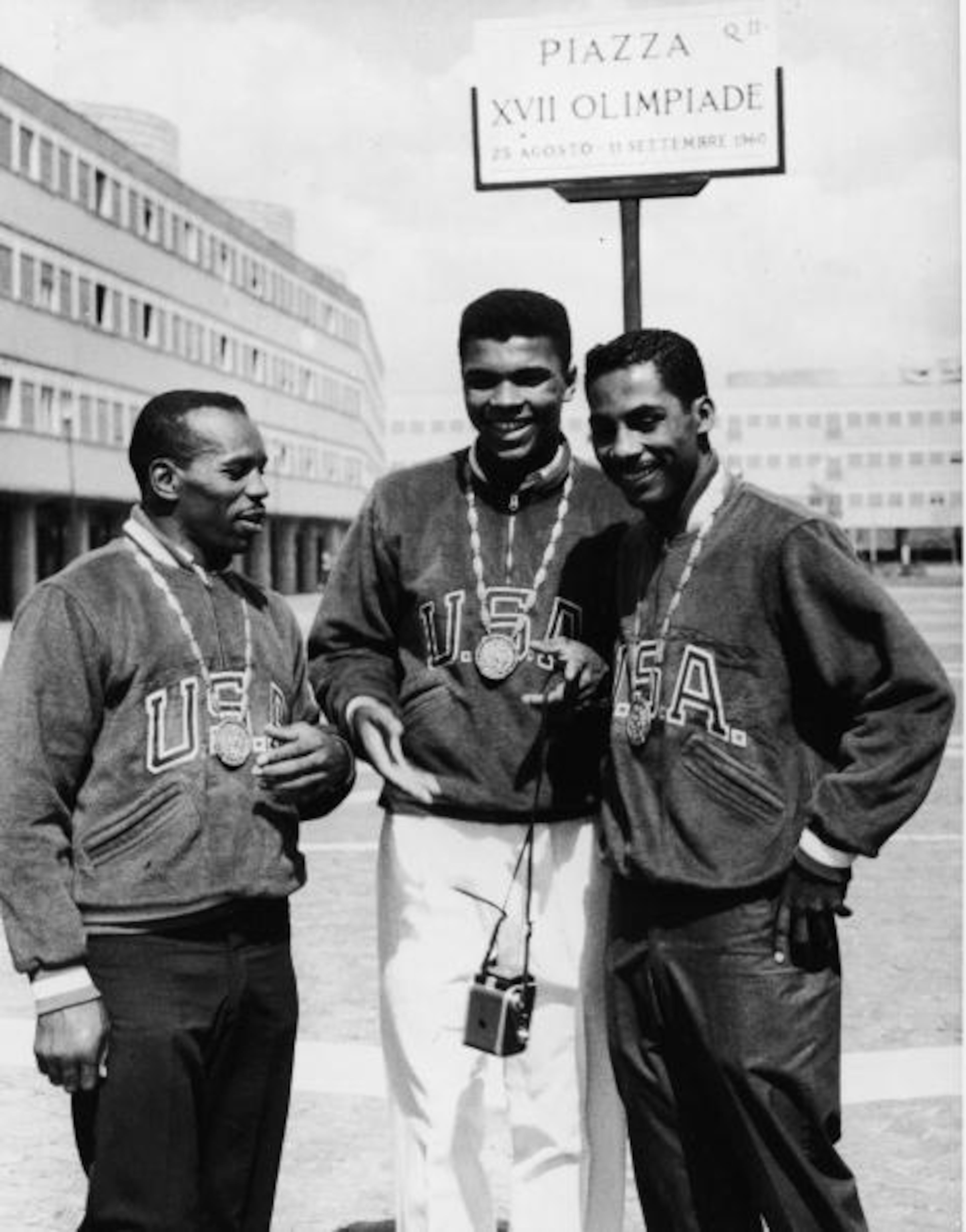 Three gold-medal winning American boxers pose in the Olympic Village, Rome, Italy, September 9, 1960. From left, Eddie Crook, Cassius Clay (later known as Muhammad Ali), and Skeeter McClure. (Photo by FPG/Getty Images)