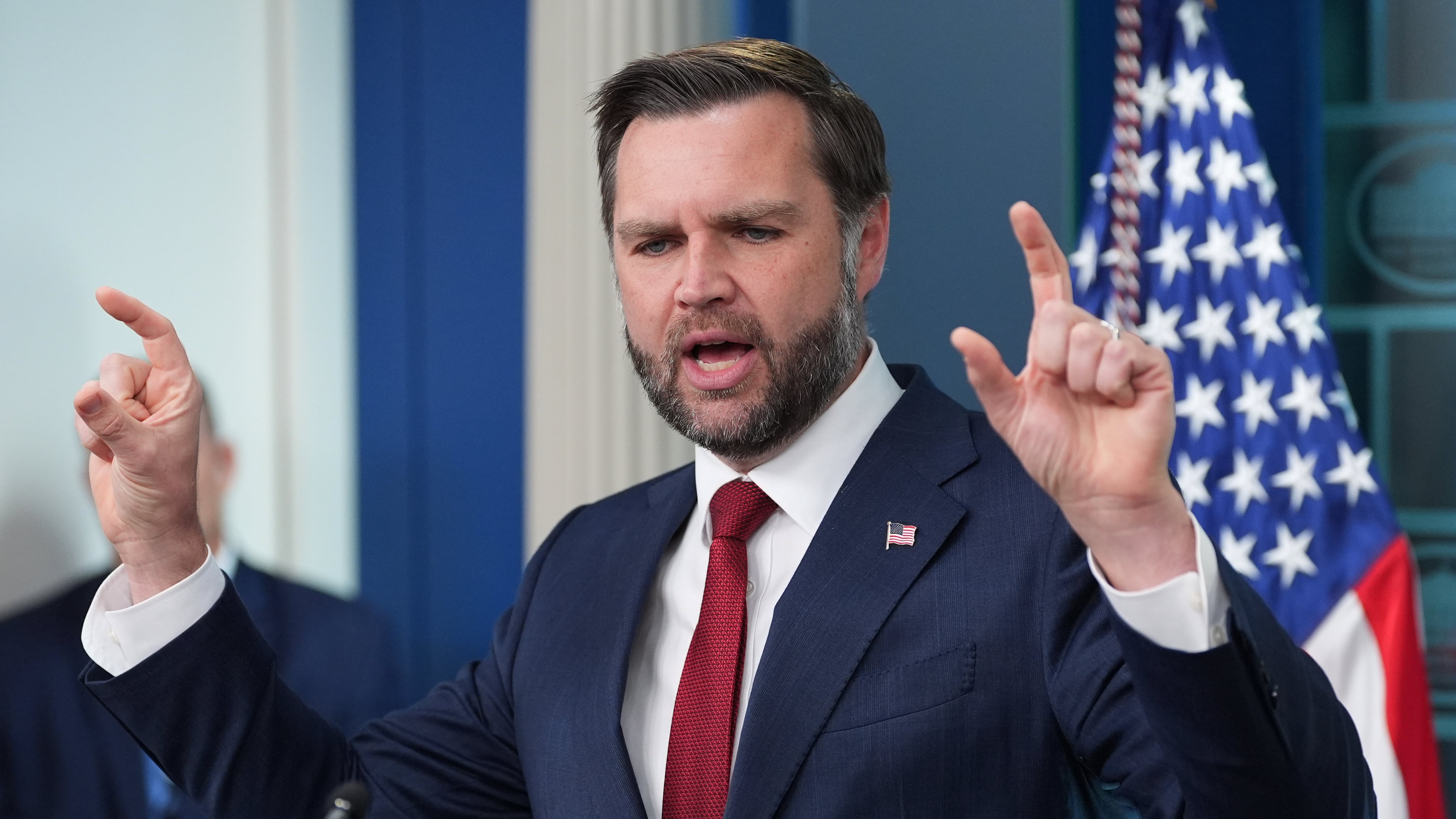 Vice President JD Vance speaks with reporters in the James Brady Press Briefing Room at the White House, Thursday, Sept. 3, 2026, in Washington. (AP Photo/Alex Brandon) CORRECTION: Date corrected to Sept. 3 instead of July 23.