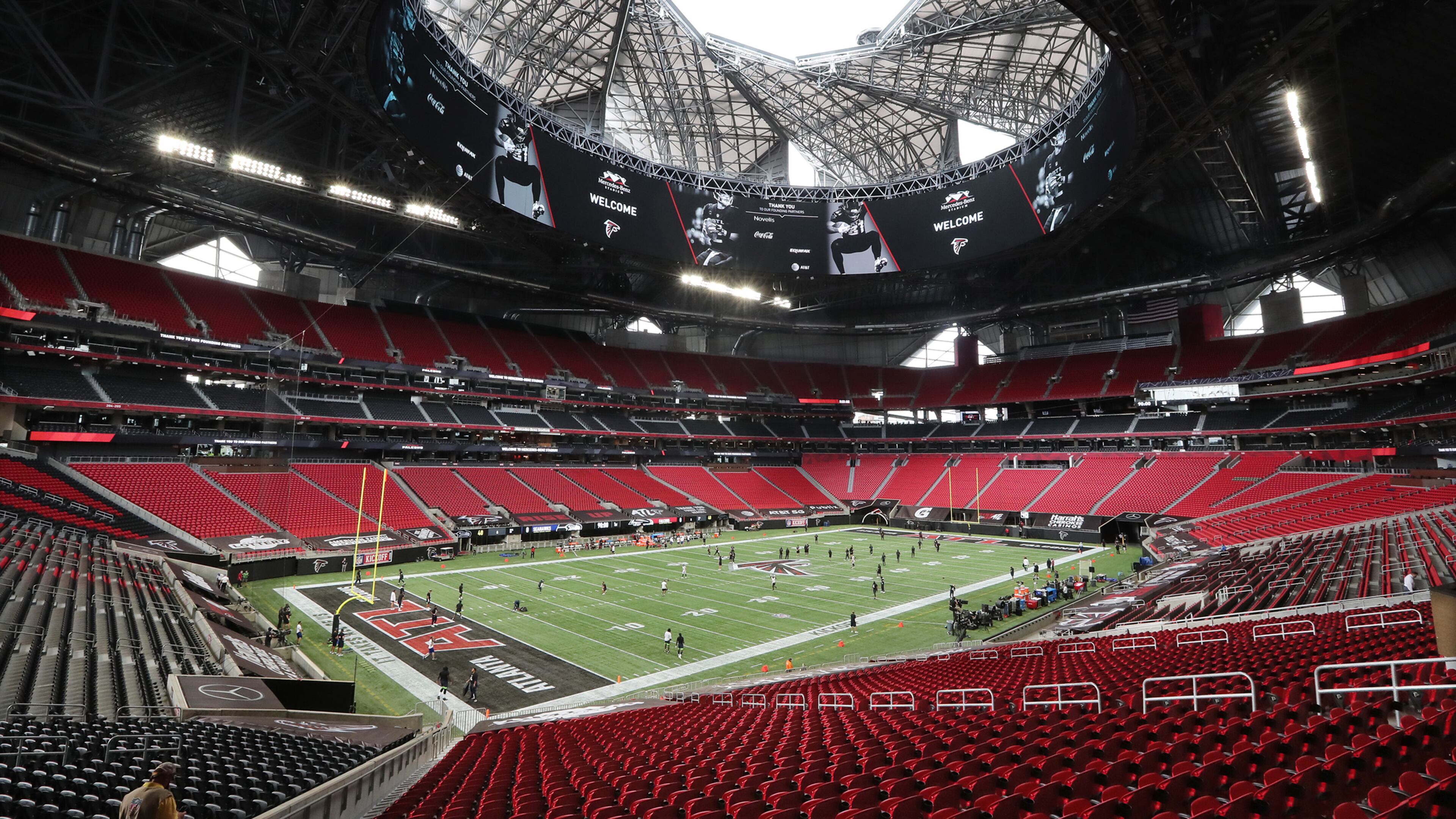 Mercedes-Benz Stadium is empty of fans, but the Atlanta Falcons open the roof as they prepare to play the Seattle Seahawks on Sunday, Sept. 13, 2020 in Atlanta. (Curtis Compton/Atlanta Journal-Constitution/TNS)