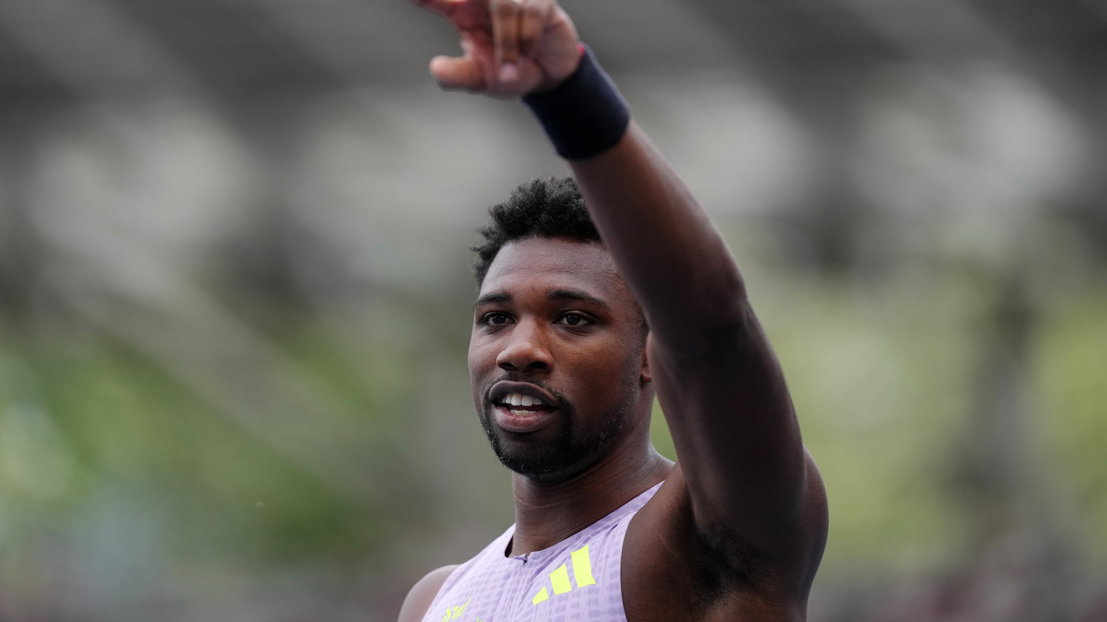 Noah Lyles, of the United States, gestures after finishing second in the men's 100 meters at the Meeting de Paris Diamond League athletics meet in Paris, Sunday, June 28, 2026. (AP Photo/Aurelien Morissard)
