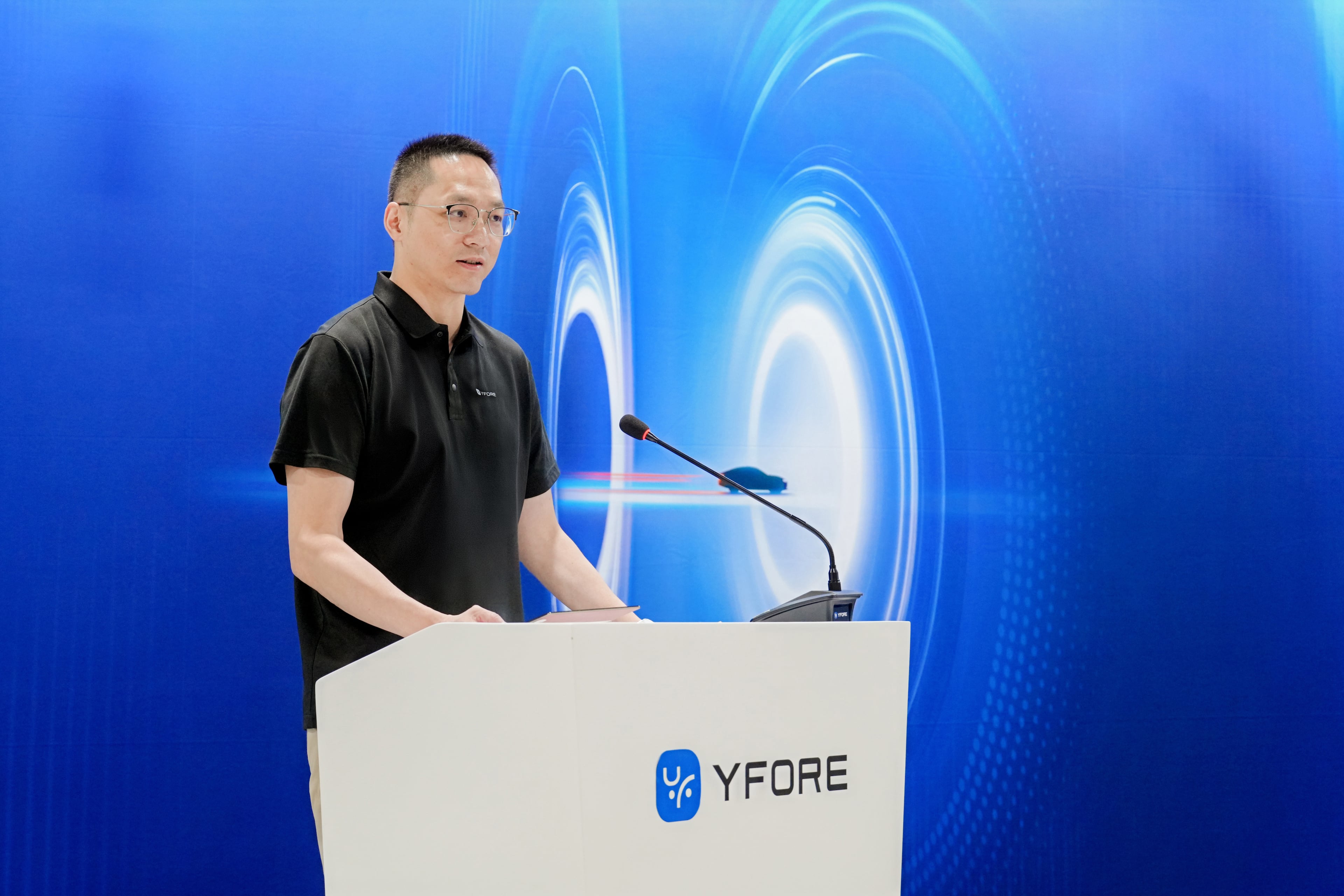Leo Liu, CEO of YFORE, spoke at the grand opening of his North America division's regional headquarters and production facility in Forsyth County on Aug. 26, 2026. (Courtesy of YFORE)