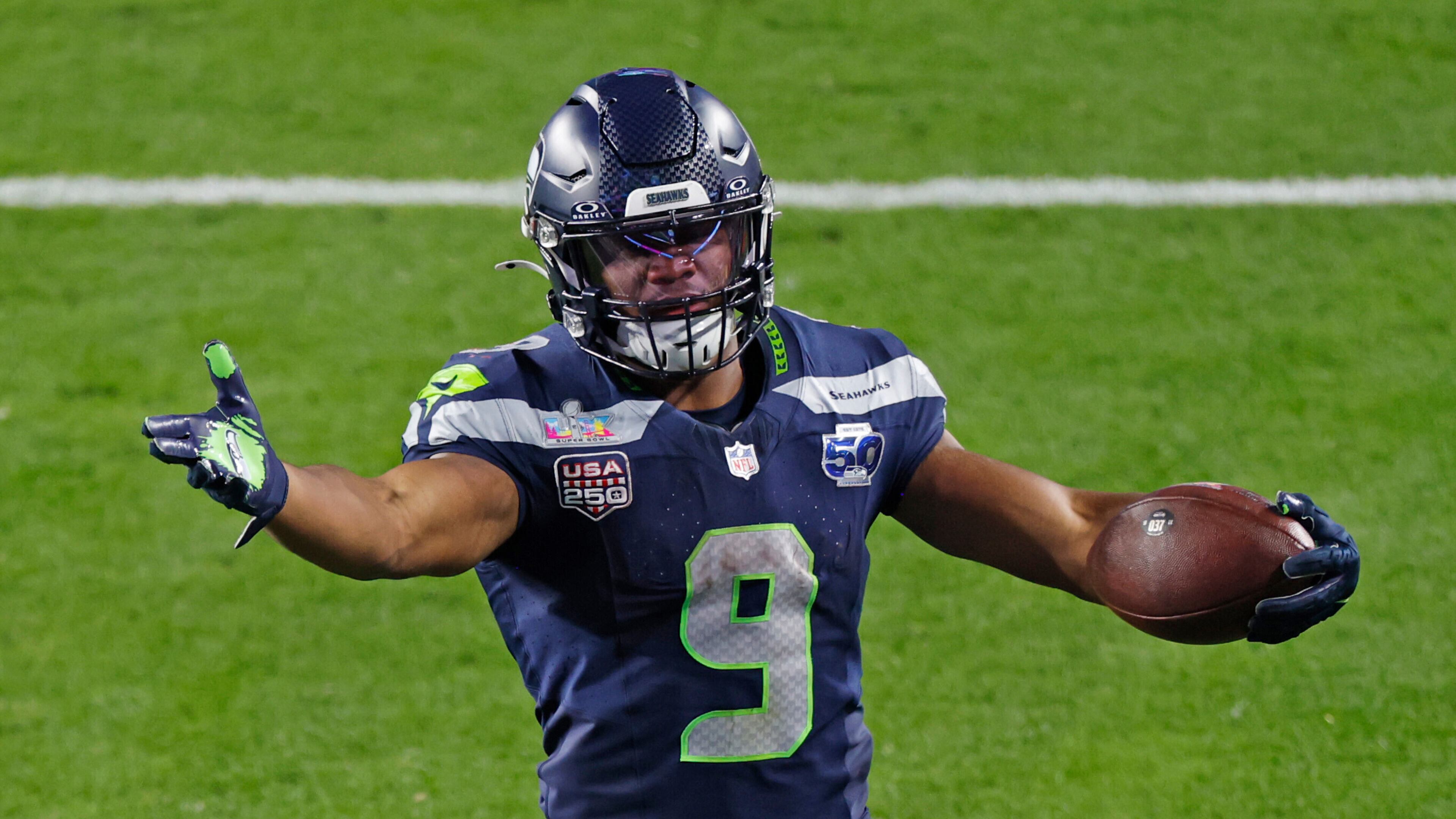 Seattle Seahawks running back Kenneth Walker III (9) in the fourth quarter against the New England Patriots during Super Bowl LX at Levi's Stadium, in Santa Clara, Calif., Sunday, Feb. 8, 2026. (Santiago Mejia/San Francisco Chronicle via AP)