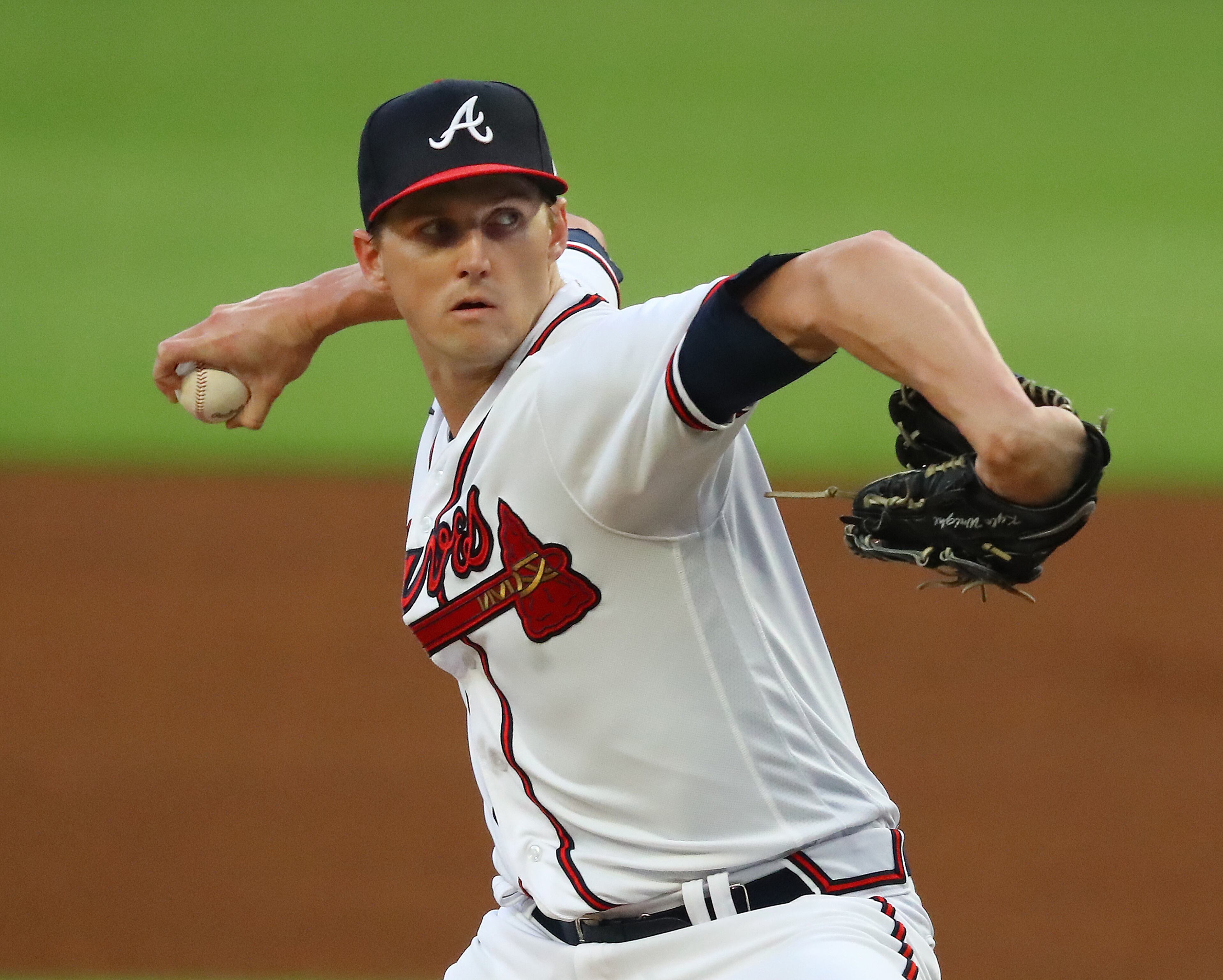 Braves starting pitcher Kyle Wright delivers against the Nationals during the first inning Monday night at Truist Park. (Curtis Compton / Curtis Compton@ajc.com)