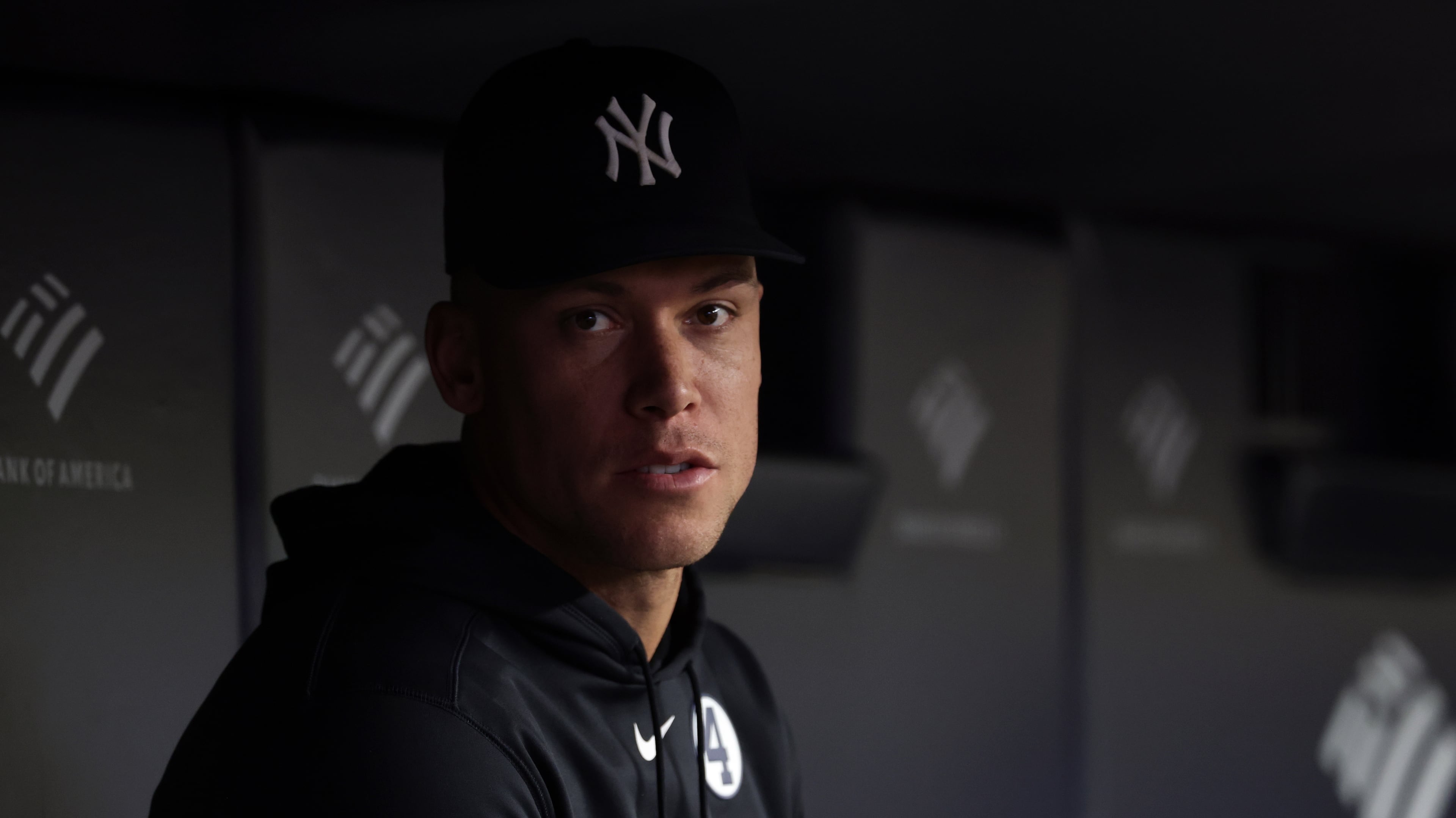 New York Yankees right fielder Aaron Judge (99) looks on from the dugout during the seventh inning of a baseball game against the Cleveland Guardians, Tuesday, June 2, 2026, in New York. (AP Photo/Adam Hunger)