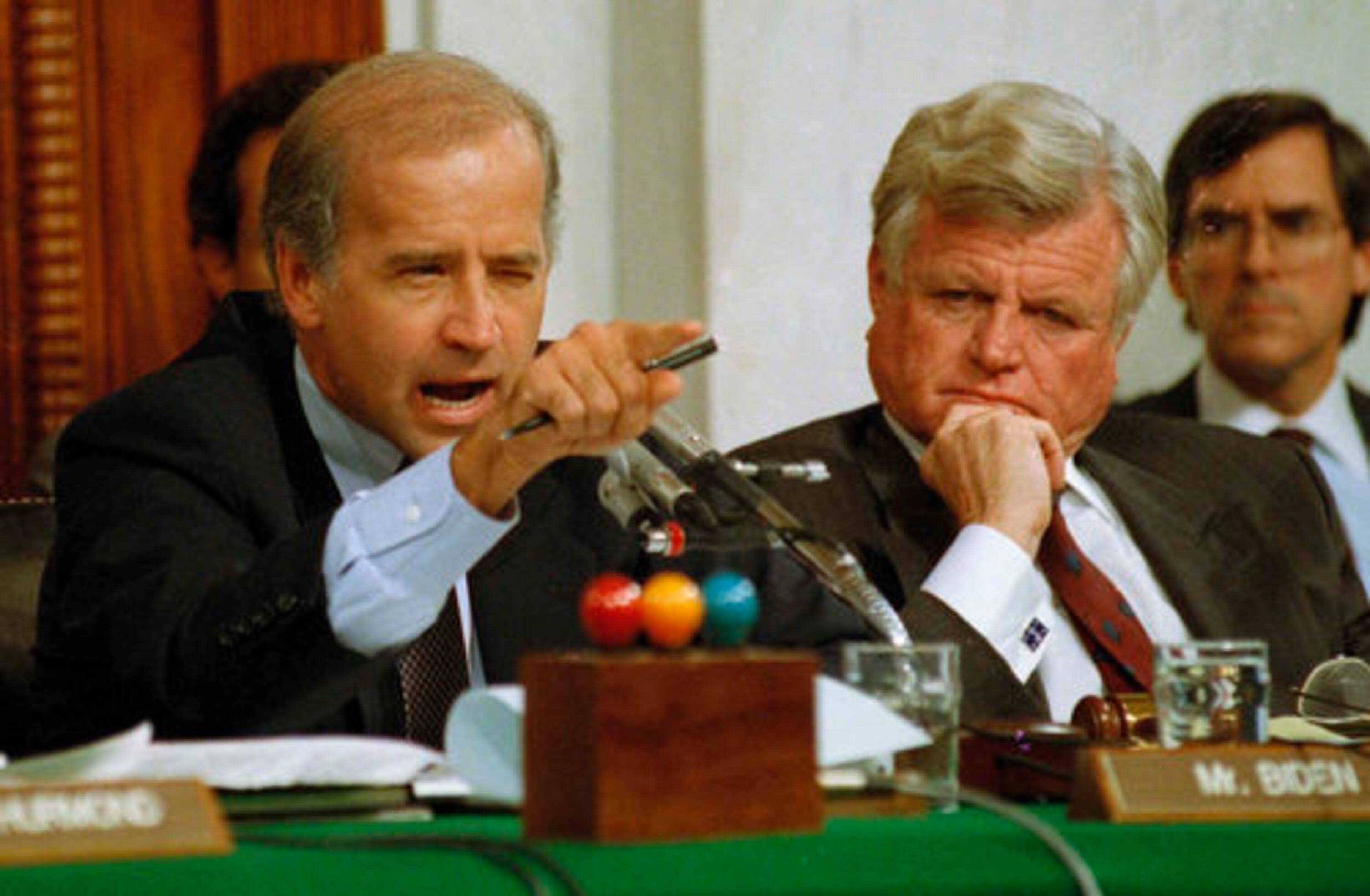 On Oct. 12, 1991, Senate Judiciary Chairman Biden points angrily at Clarence Thomas during comments at the end of hearings on Thomas' nomination to the Supreme Court. Sen. Edward Kennedy, D-Mass., looks on at right.