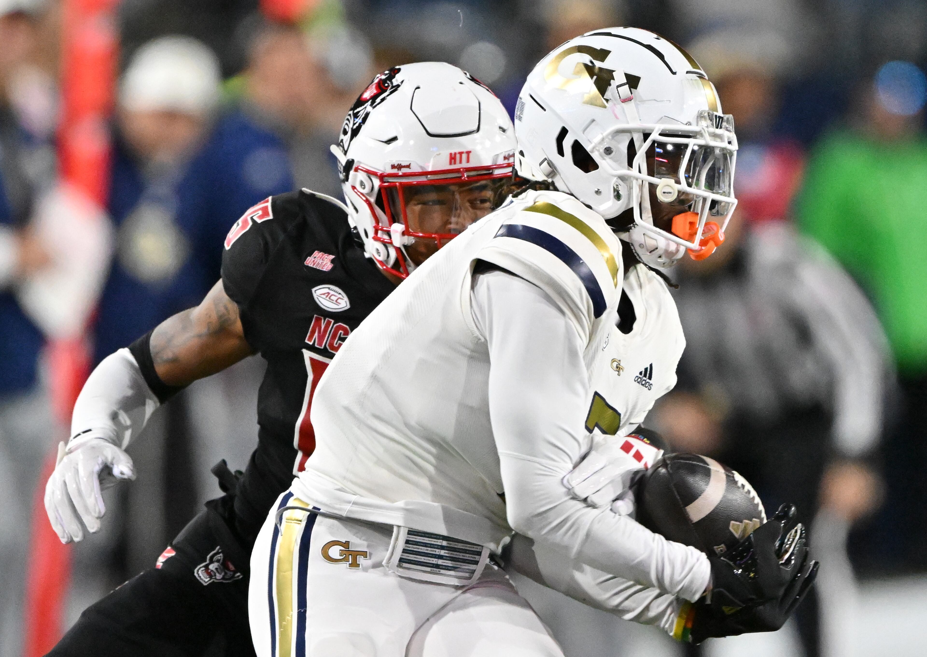Georgia Tech wide receiver Eric Singleton Jr. (2) catches a long pass during the second half of an NCAA college football game at Georgia Tech's Bobby Dodd Stadium, Thursday, November 21, 2024, in Atlanta. Georgia Tech won 30-29 over North Carolina State. (Hyosub Shin / AJC)