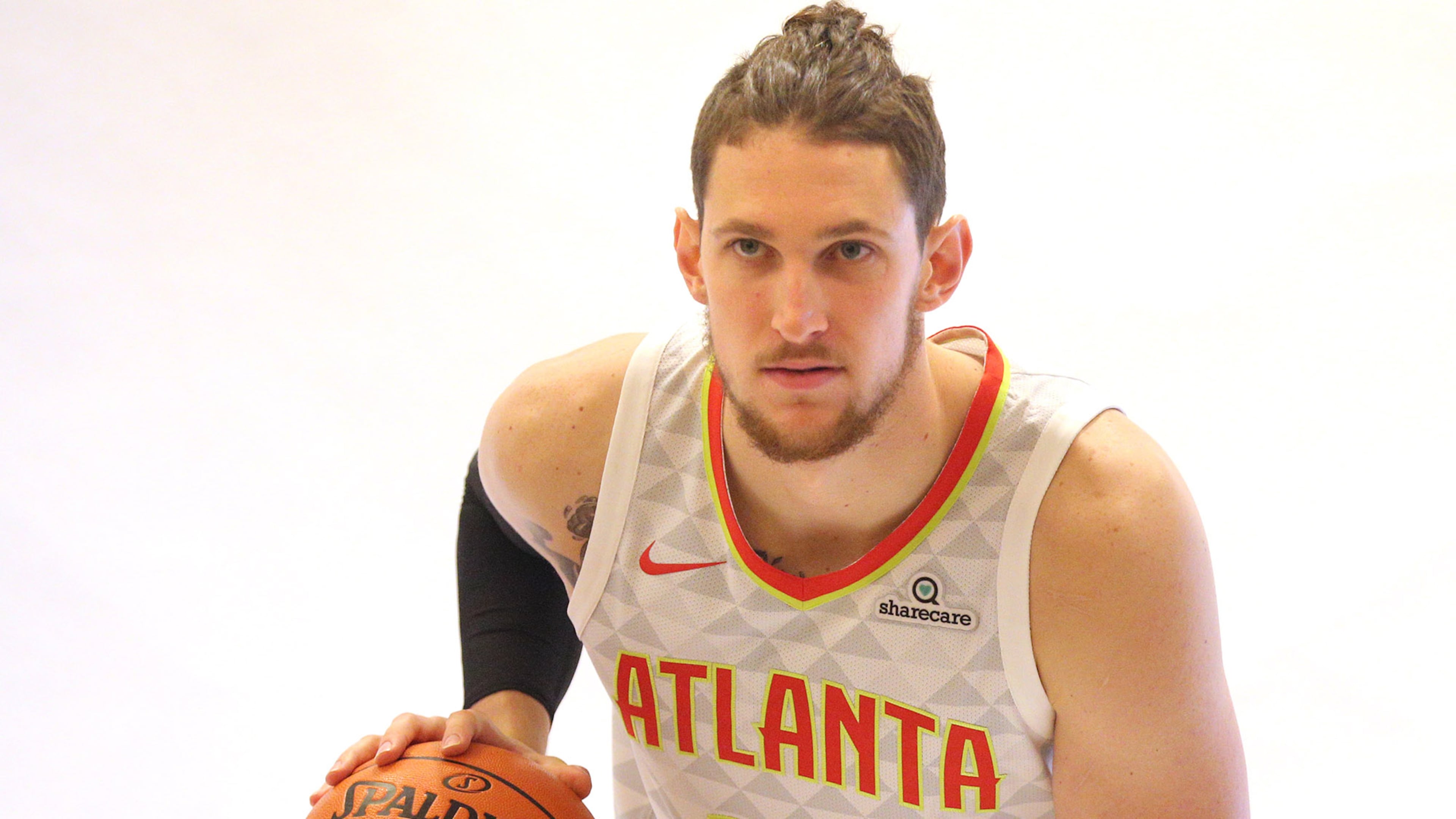 Hawks' Mike Muscala poses for a portrait during Hawks Media Day Sept. 25, 2017, in Atlanta. (Curtis Compton/AJC)