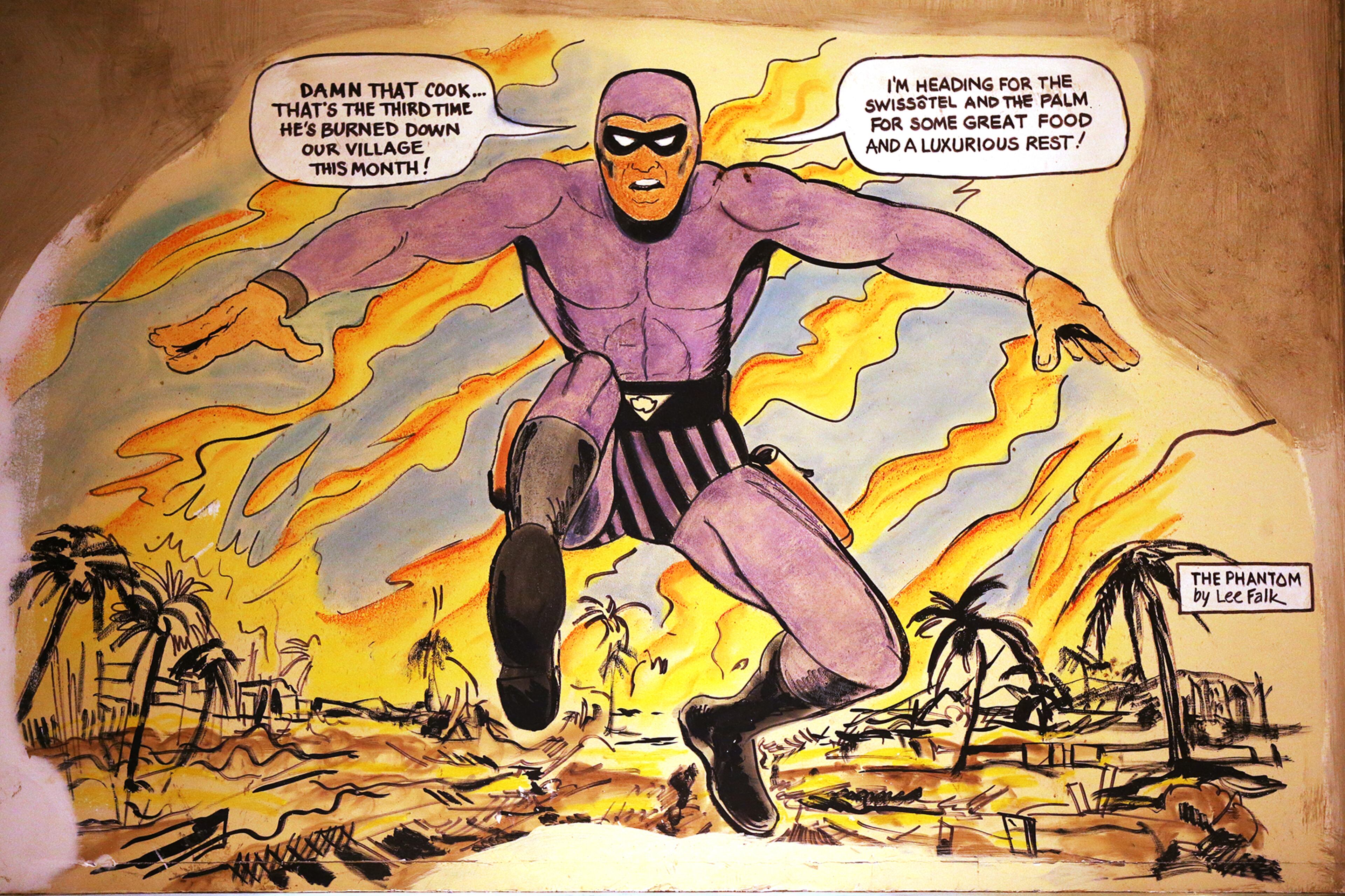 A painting of the Phantom by artist Zack Bird inside the Palm restaurant in the Westin Hotel on Peachtree Street in Atlanta. Curtis Compton / ccompton@ajc.com