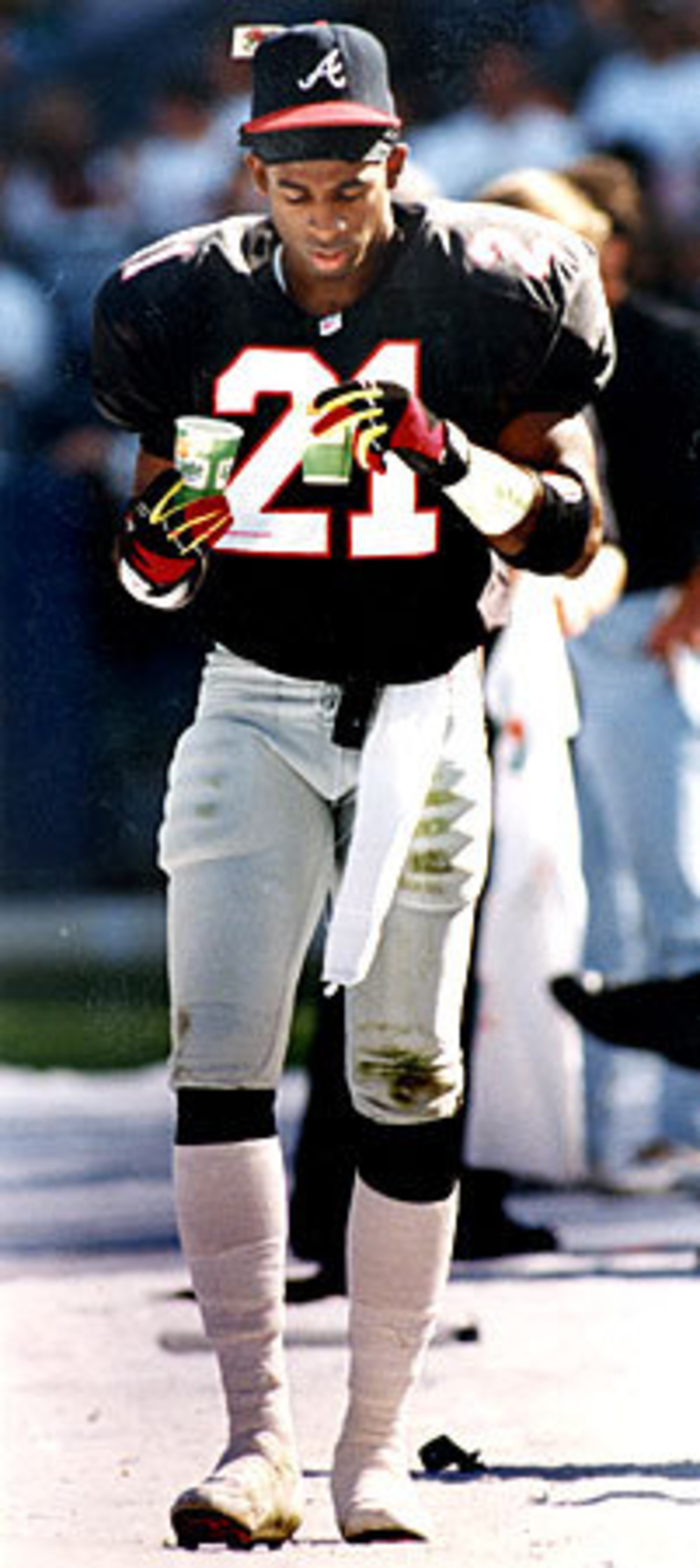 It was Prime Time's town in the early 1990s. Deion Sanders electrified the Georgia Dome, calling it "his house," during his five-year career with Falcons. He felt equally at home at Fulton County Stadium, helping the Braves reach the 1992 World Series and introducing the "Tomahawk Chop" to fans during his four-year stint with the team. He left Atlanta in 1995, signing with the San Francisco 49ers and the Cincinnati Reds the same year.