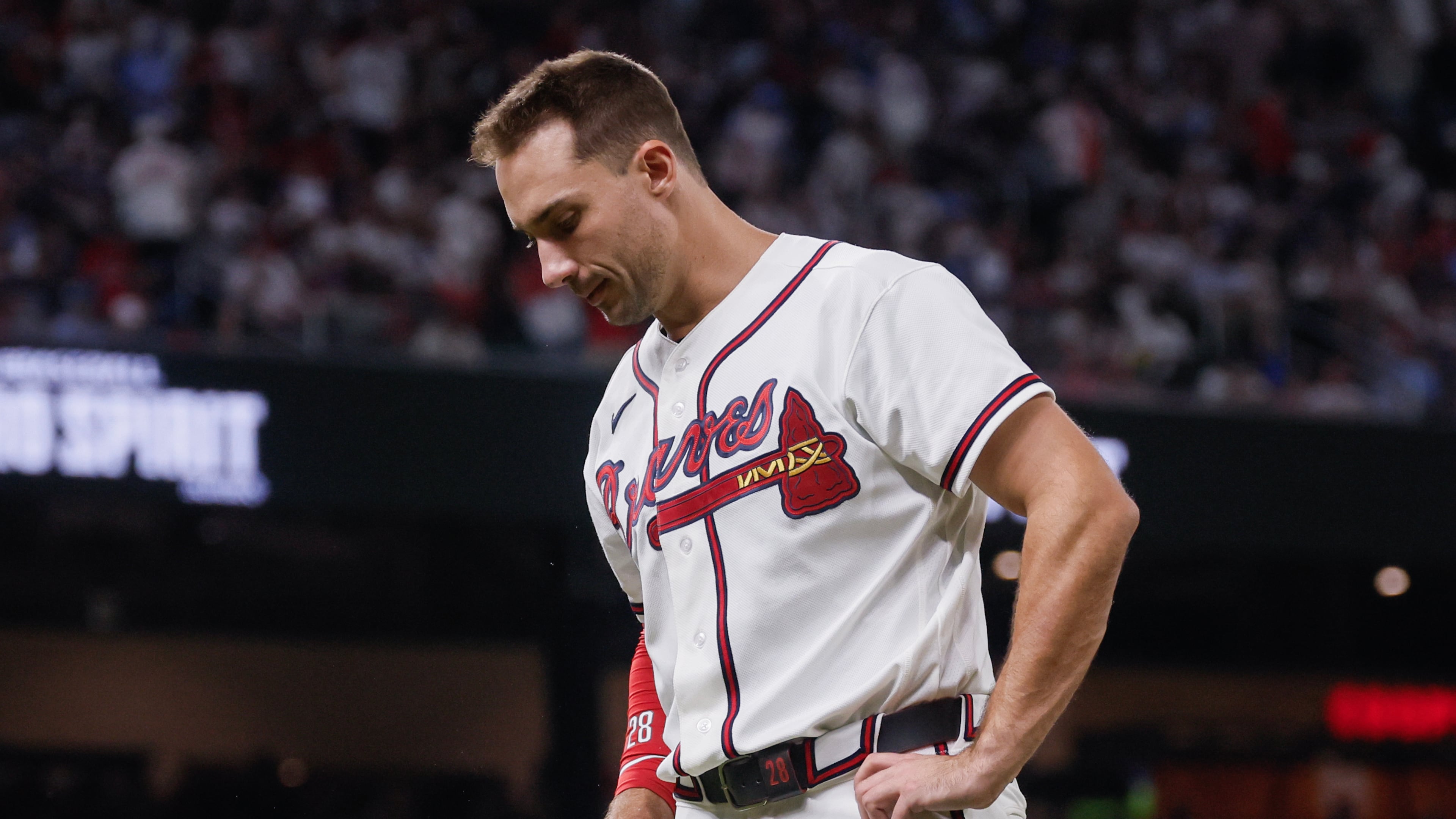 Atlanta Braves' Matt Olson reacts after grounding out with two runners on base against the Los Angeles Dodgers during the fifth inning of Game 4 of the MLB National League Division Series between the Atlanta Braves and the Los Angeles Dodgers, Wednesday, Oct. 7, 2026, in Atlanta. (Miguel Martinez/AJC)