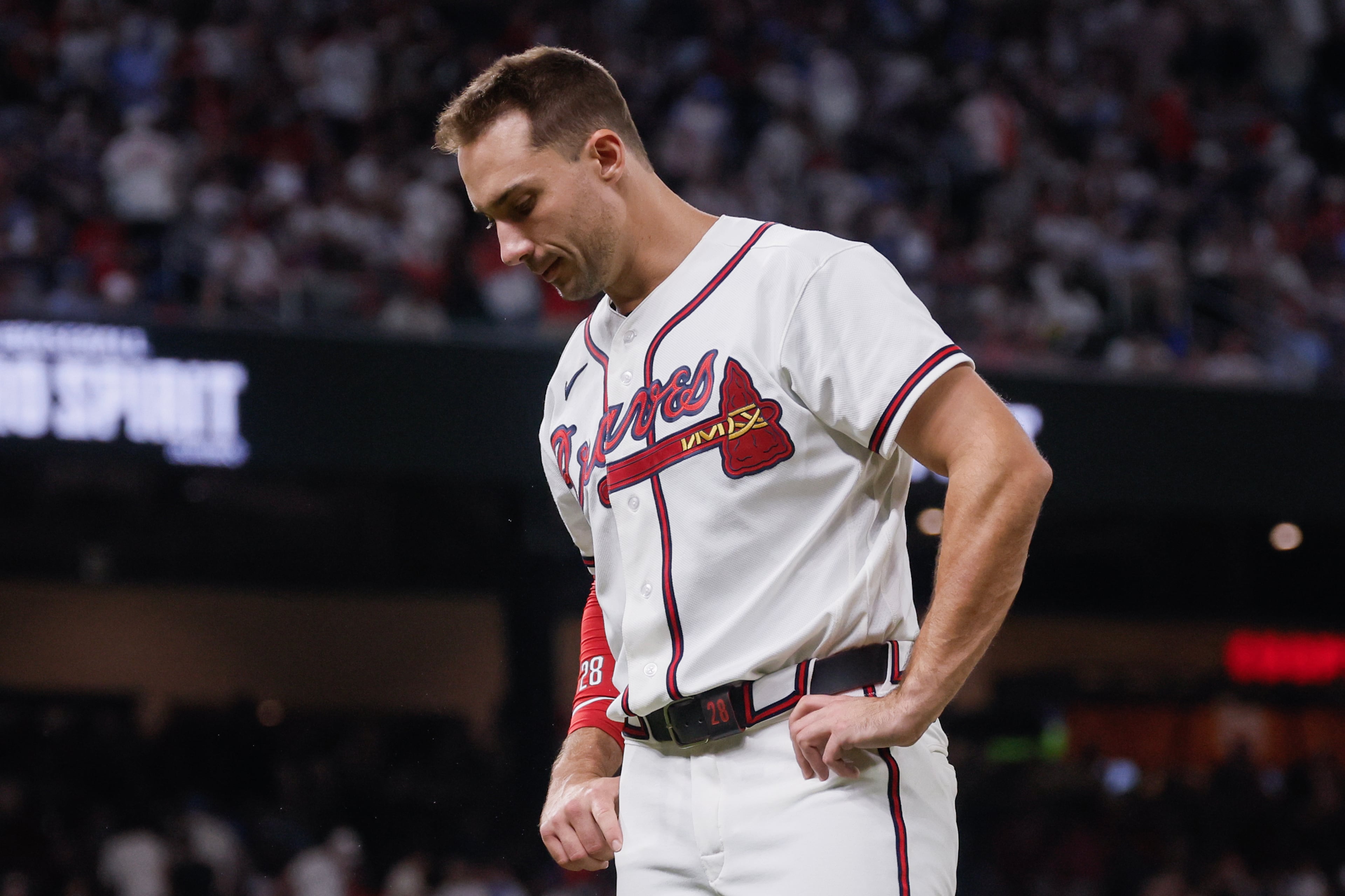 Atlanta Braves' Matt Olson reacts after grounding out with two runners on base against the Los Angeles Dodgers during the fifth inning of Game 4 of the MLB National League Division Series between the Atlanta Braves and the Los Angeles Dodgers, Wednesday, Oct. 7, 2026, in Atlanta. (Miguel Martinez/AJC)