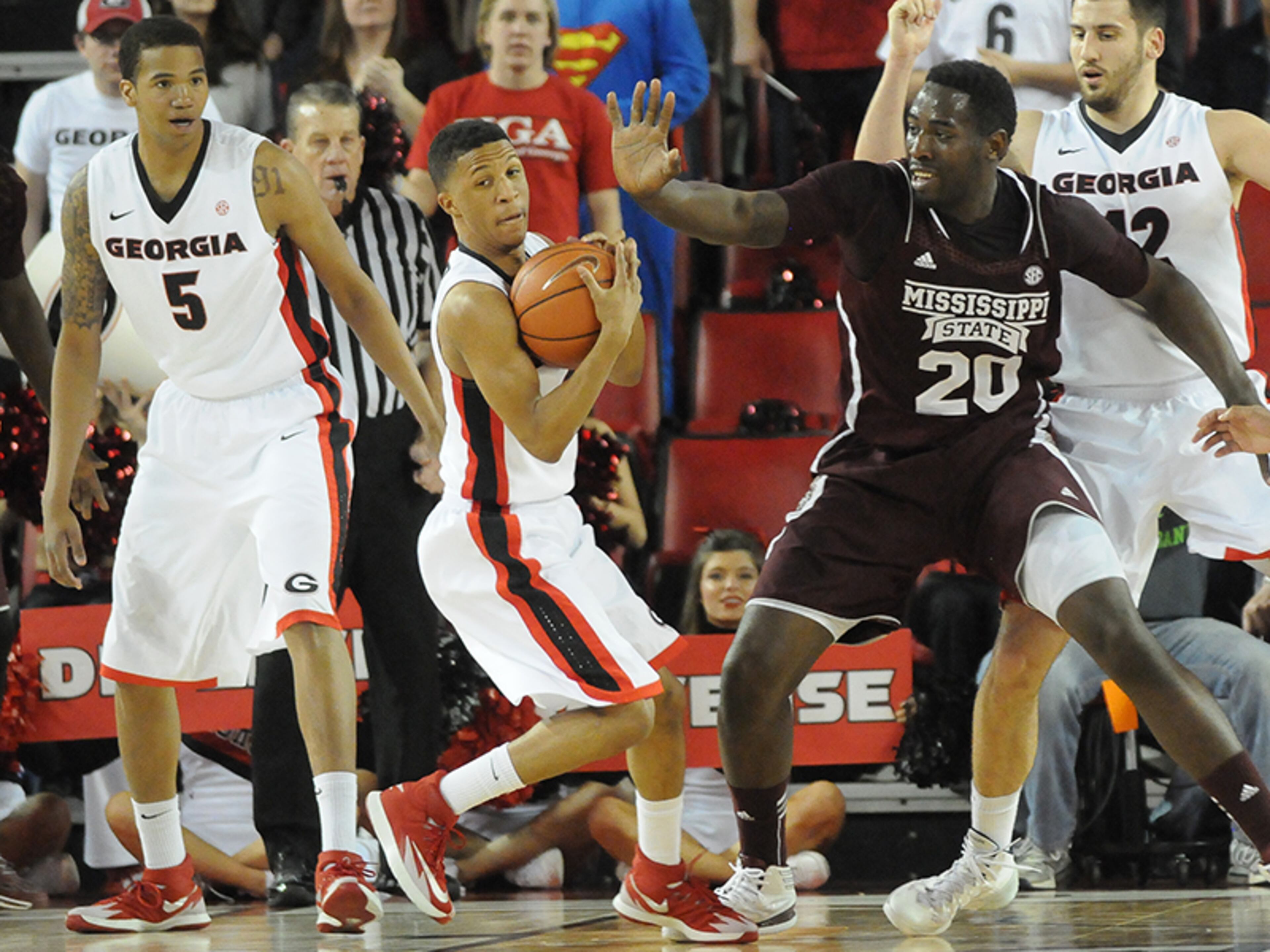 Georgia's Juwan Parker (3) steals the ball from the grasp of Mississippi State's Gavin Ware.
