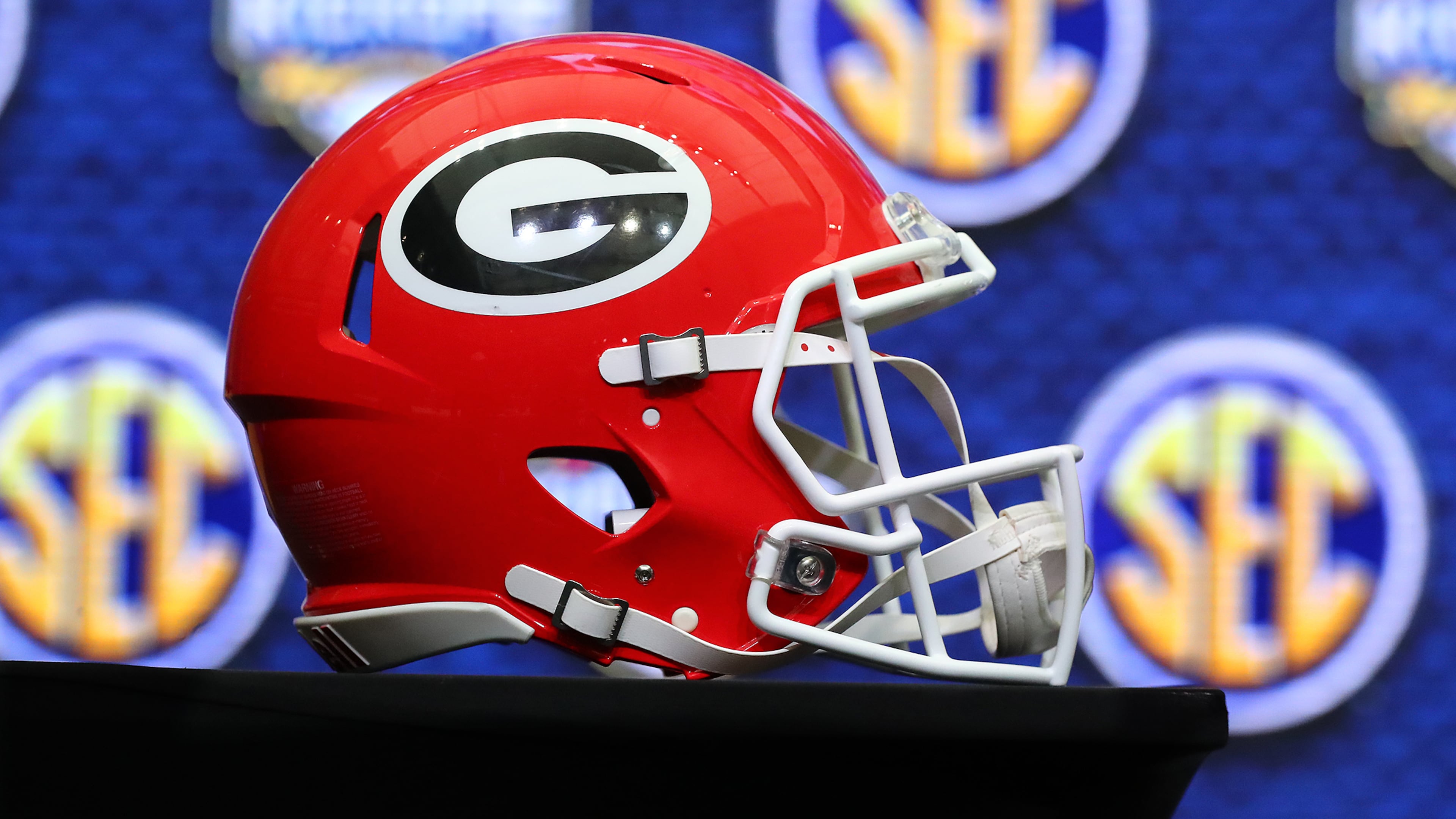 The Georgia helmet sits on the stage for the news conference at SEC Media Days in the College Football Hall of Fame on Wednesday, July 20, 2022, in Atlanta. (AJC 2022)