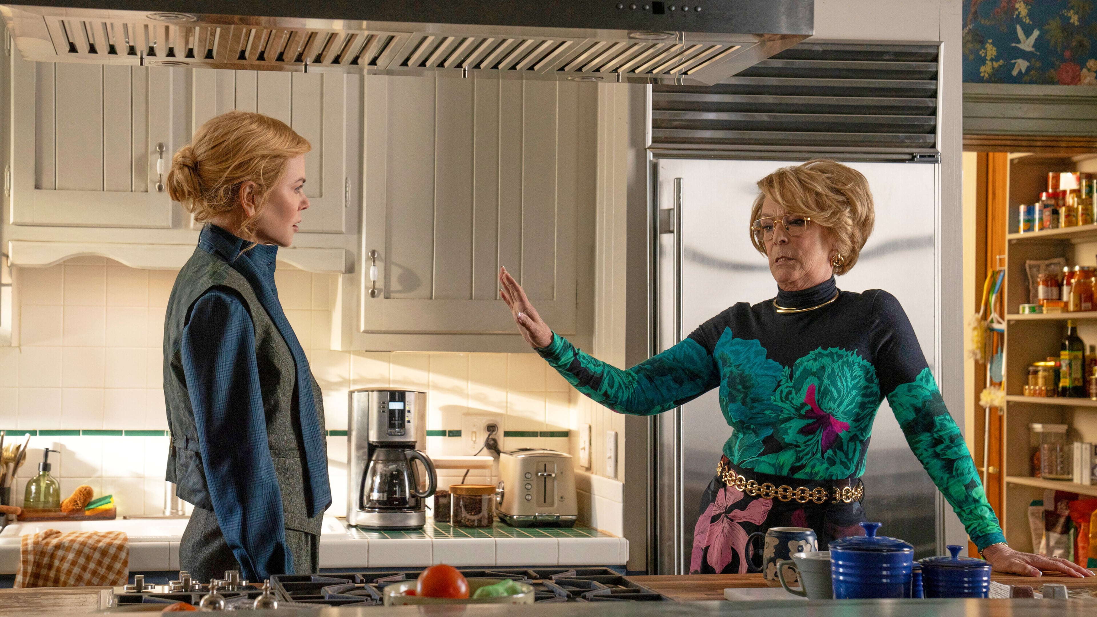 This image released by Prime shows Nicole Kidman, left, and Jamie Lee Curtis in a scene from "Scarpetta." (Connie Chornuk/Prime via AP)
