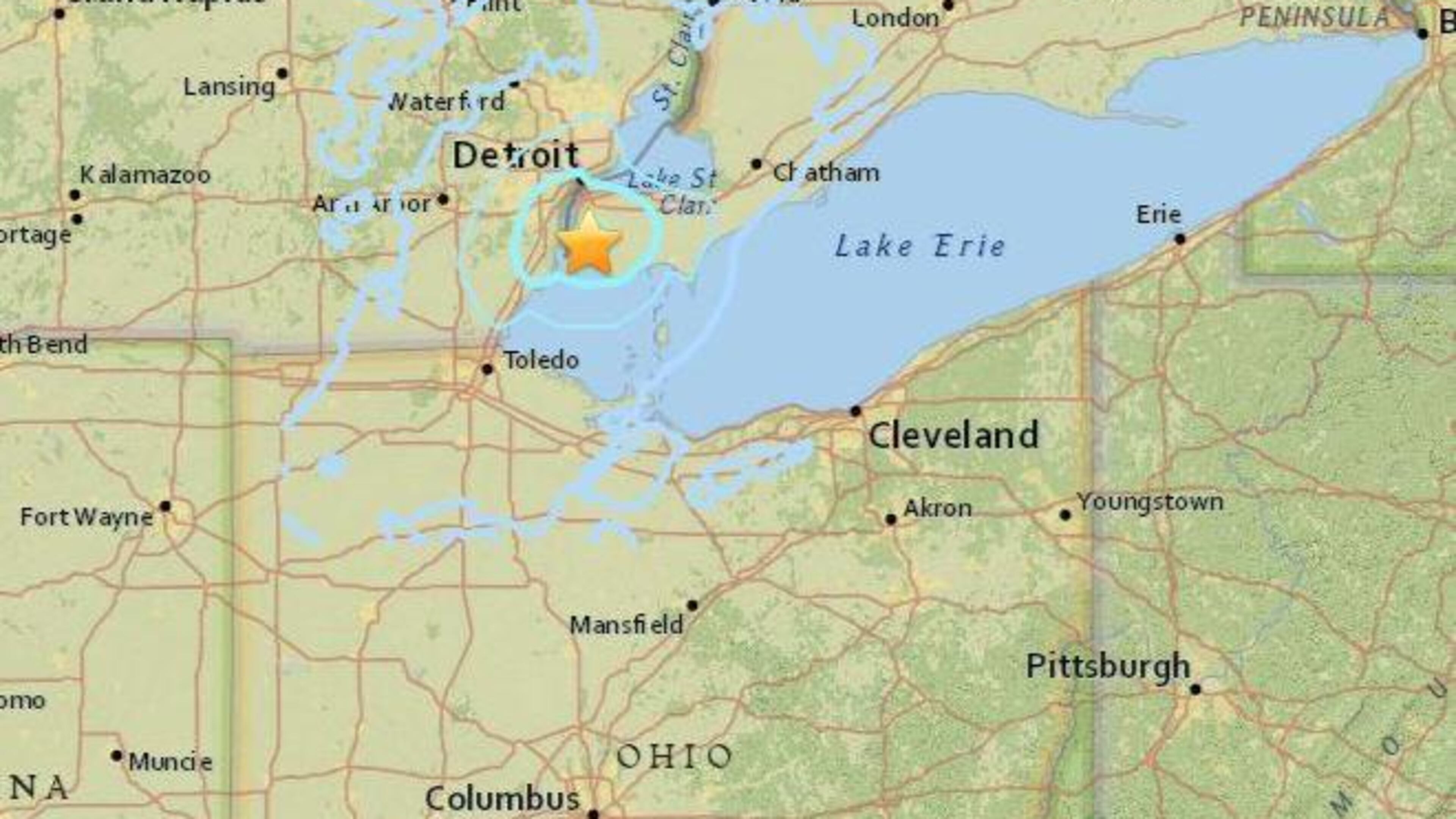 A map of the Detroit area shows where an earthquake struck Thursday night.