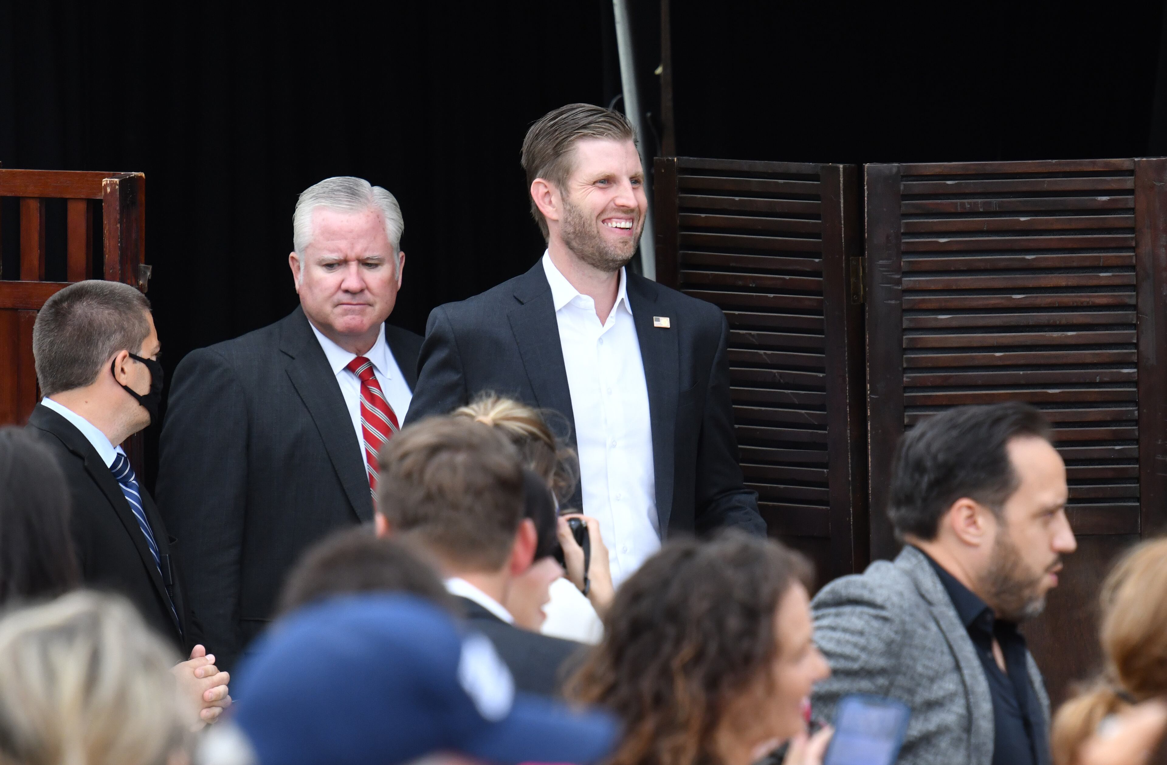 September 15, 2020 Cumming - President Donald Trump's son, Eric Trump smiles before he is introduced during the 'Evangelicals for Trump: Praise, Prayer, and Patriotism' event at Reid Barn in Cumming on Tuesday, September 15, 2020. Other guests include Pastor Paula White, Pastor Jentezen Franklin, Dr. Alveda King, Pastor Todd Lamphere, and Pastor Tony Suarez. (Hyosub Shin / Hyosub.Shin@ajc.com)