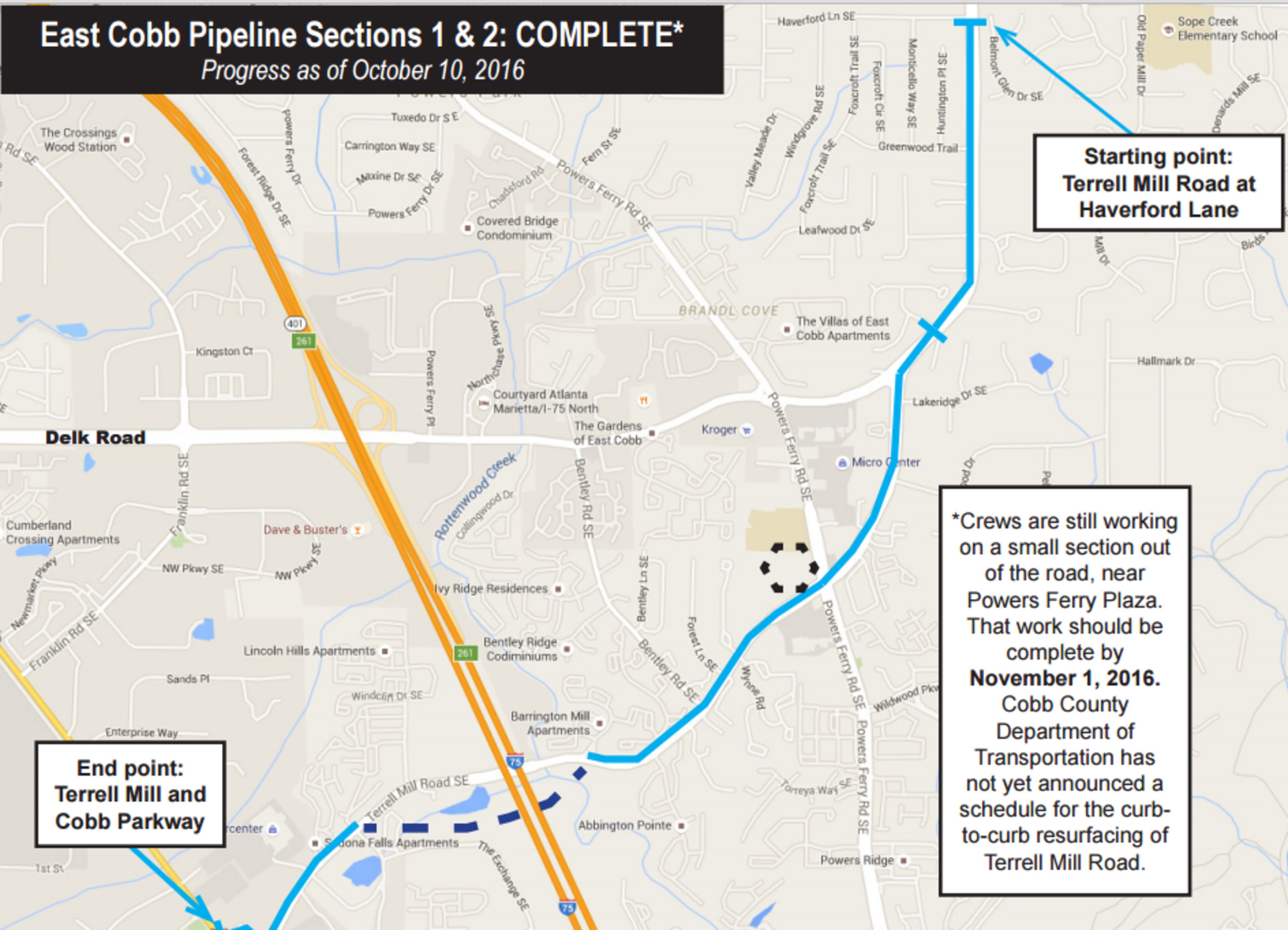 A progress map of the East Cobb Pipeline as of Oct. 10, 2016. The water pipeline will start at Terrell Mill Road and end at the Cobb Parkway. Courtesy of the Cobb County-Marietta Water Authority.