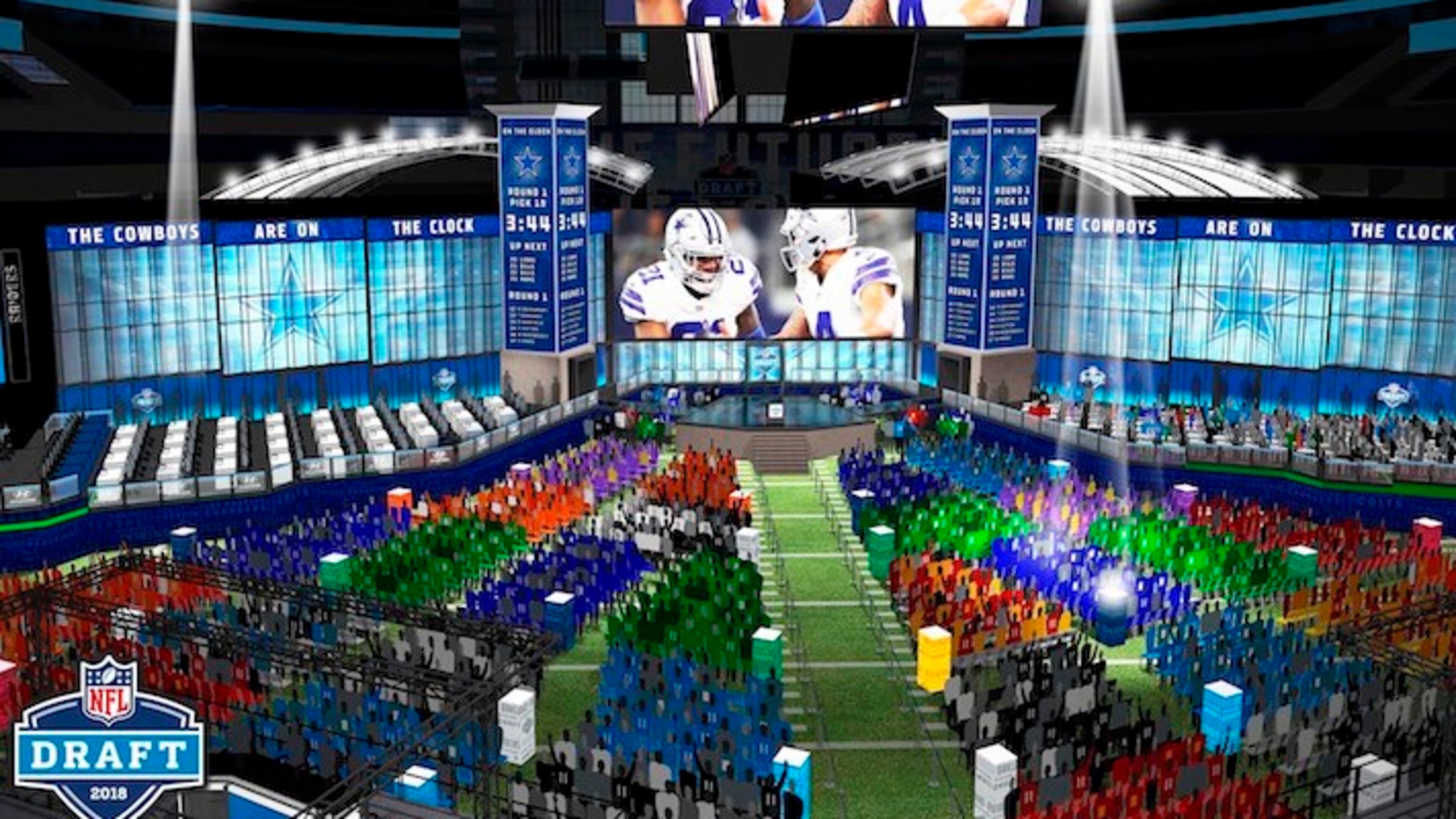This computer rendering provided by the NFL shows the view looking towards the stage of the proposed NFL Draft at AT&T Stadium in Arlington, Texas. The NFL is bringing its Big D, the draft, to Dallas Cowboys owner Jerry Jones' palace. This draft, the first in a stadium, will pay homage in so many ways to the cliche that everything is bigger in Texas. (NFL via AP)