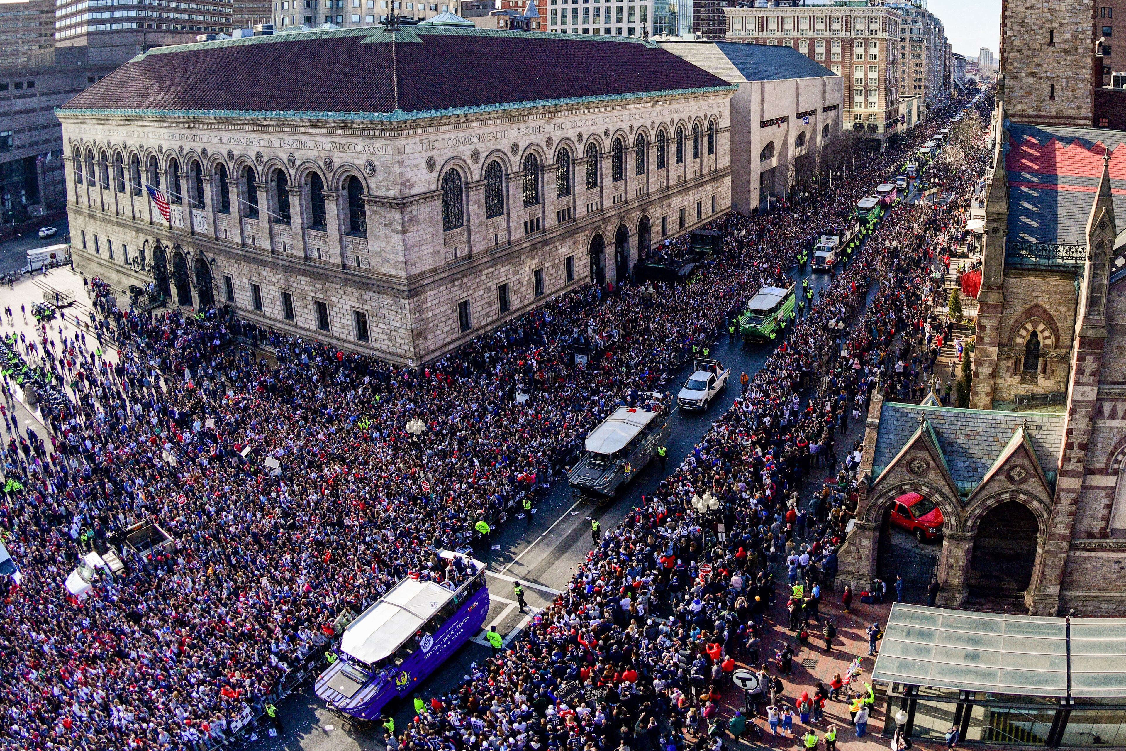 BOSTON, MASSACHUSETTS - FEBRUARY 05: Duck boats line Boylston Street as the New England Patriots Super Bowl Victory Parade is held on February 05, 2019 in Boston, Massachusetts. (Photo by Billie Weiss/Getty Images)