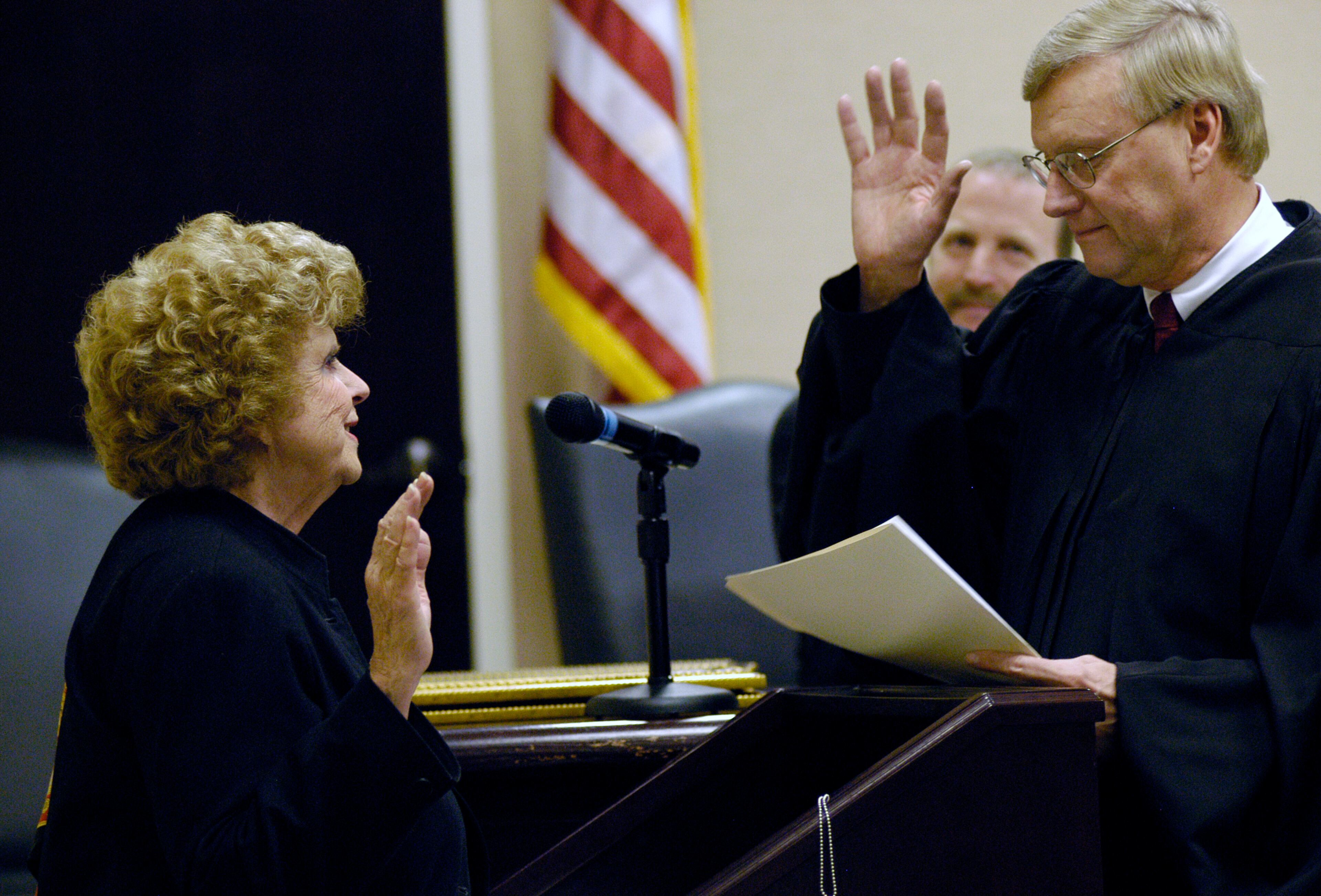 January 2006 -- Having won her race for re-election, Norcross Mayor Lillian Webb is sworn in at City Hall by Gwinnett County's Judge Richard T. Winegarden. -- Text by Sarah Ianacone, Special to AJC