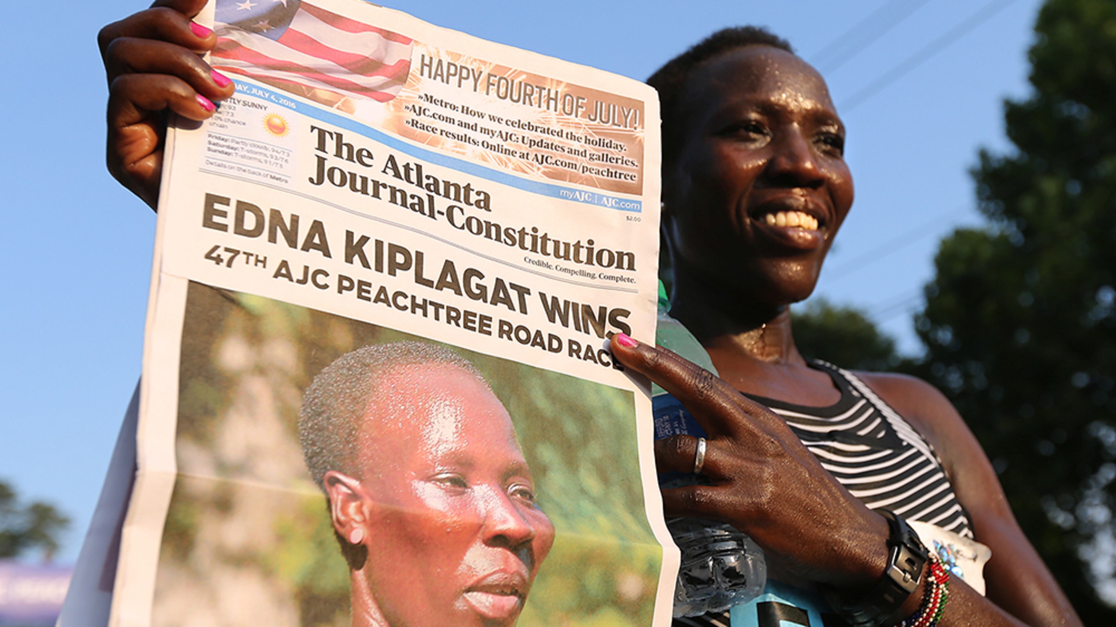 Edna Kiplagat is the first female finisher winning the 47th running of the AJC Peachtree Road Race at Piedmont Park on Monday, July 4, 2016, in Atlanta.