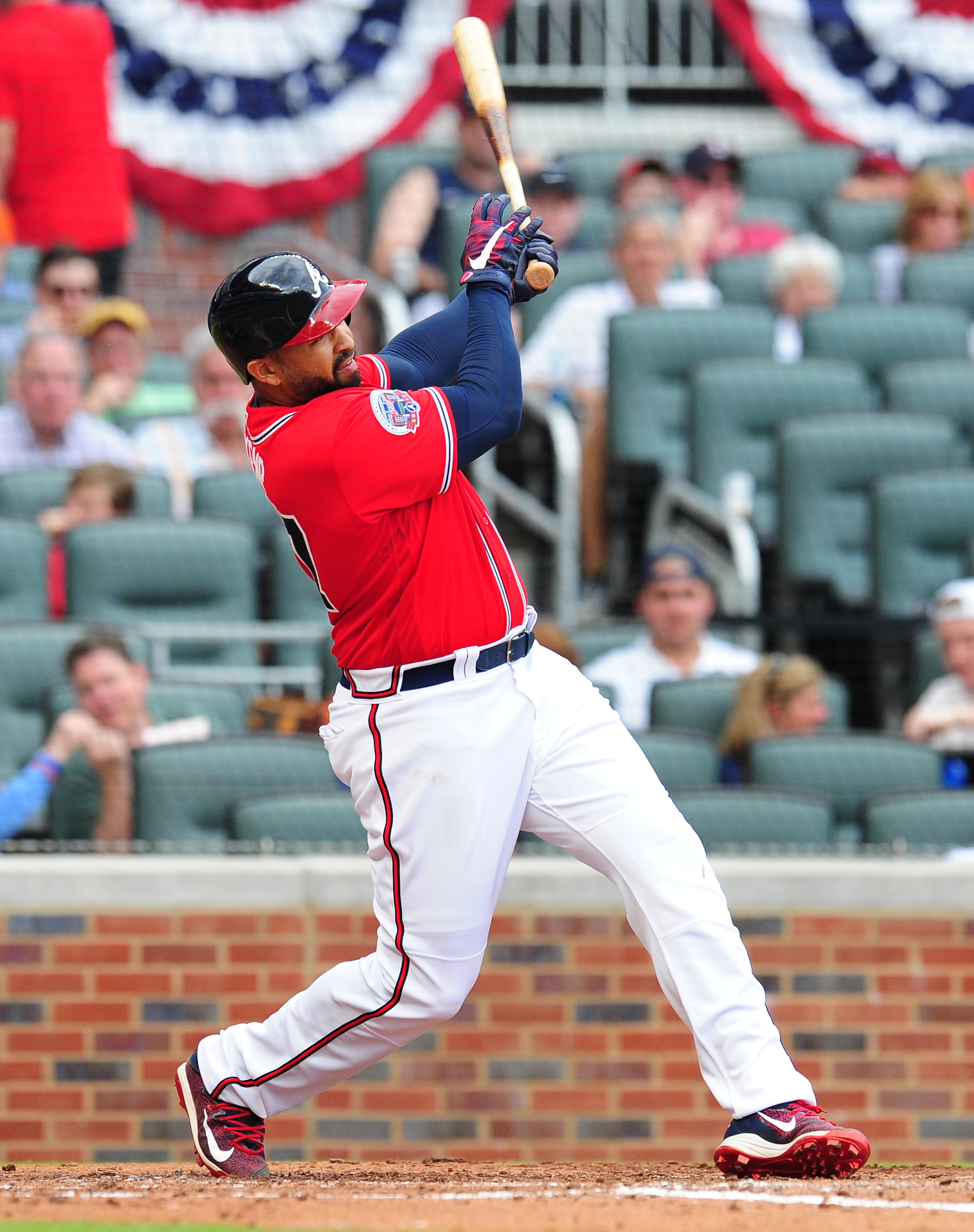ATLANTA, GA - MAY 20: Matt Kemp #27 of the Atlanta Braves hits a solo home run against the Washington Nationals in the fourth inning at SunTrust Park on May 20, 2017 in Atlanta, Georgia. (Photo by Scott Cunningham/Getty Images)