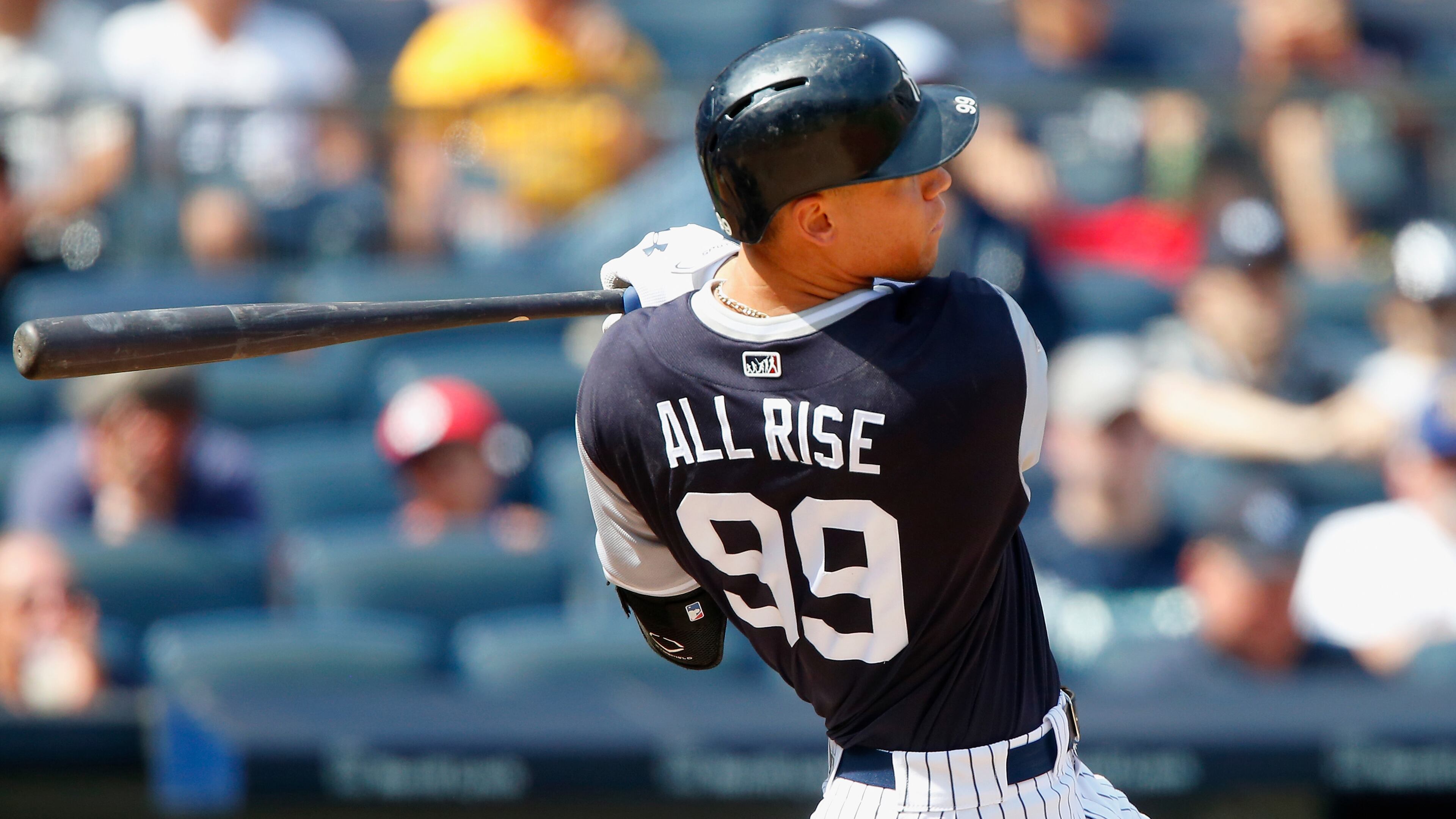 NEW YORK, NY - AUGUST 27: Aaron Judge #99 of the New York Yankees doubles in the fourth inning against the Seattle Mariners at Yankee Stadium on August 27, 2017 in the Bronx borough of New York City. (Photo by Jim McIsaac/Getty Images)