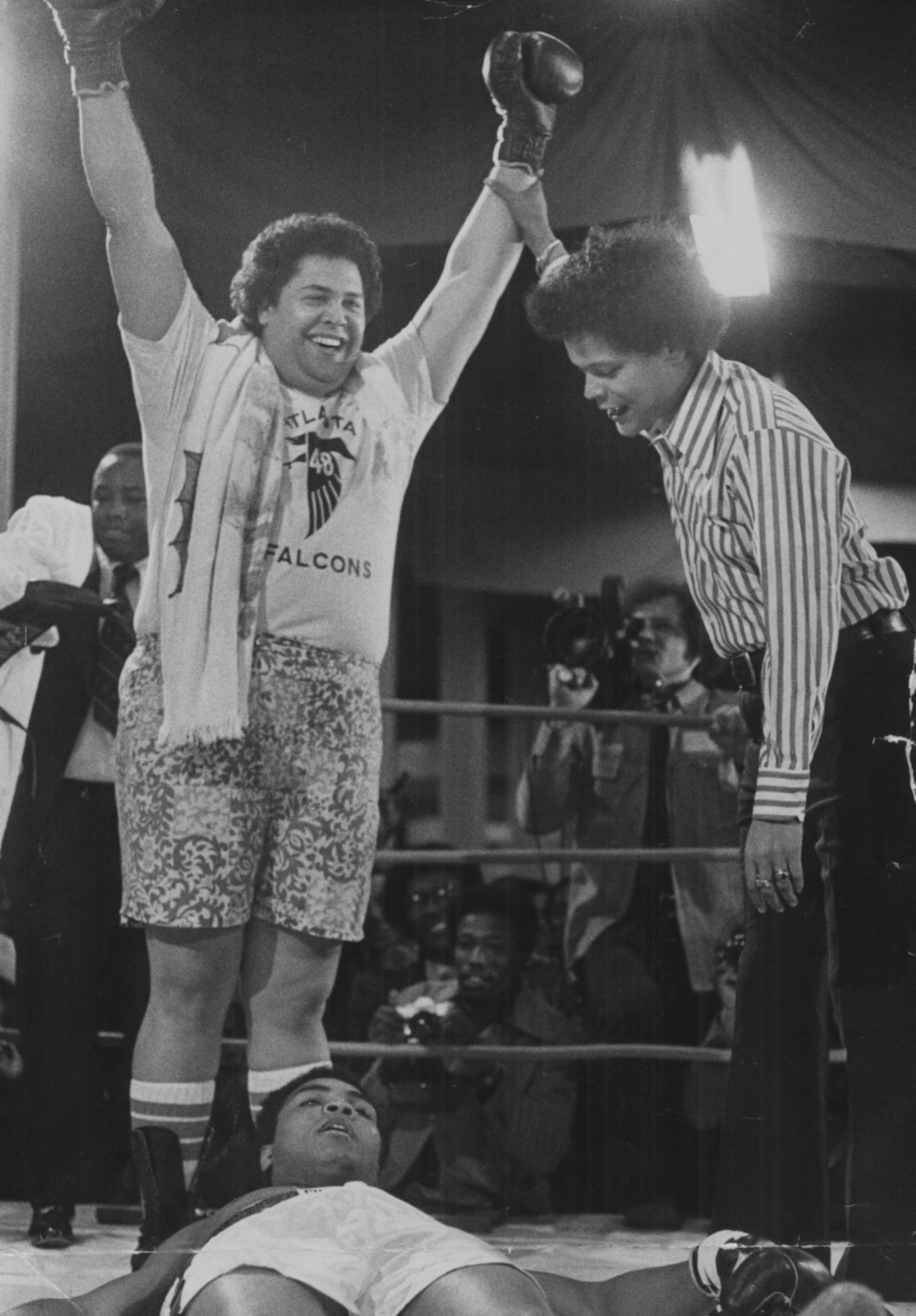Atlanta Mayor Maynard Jackson is declared the winner over Muhammad Ali by referee Julian Bond in this 1975 photo. The mayor and Ali were "boxing" as part of a fundraiser for a local charity.